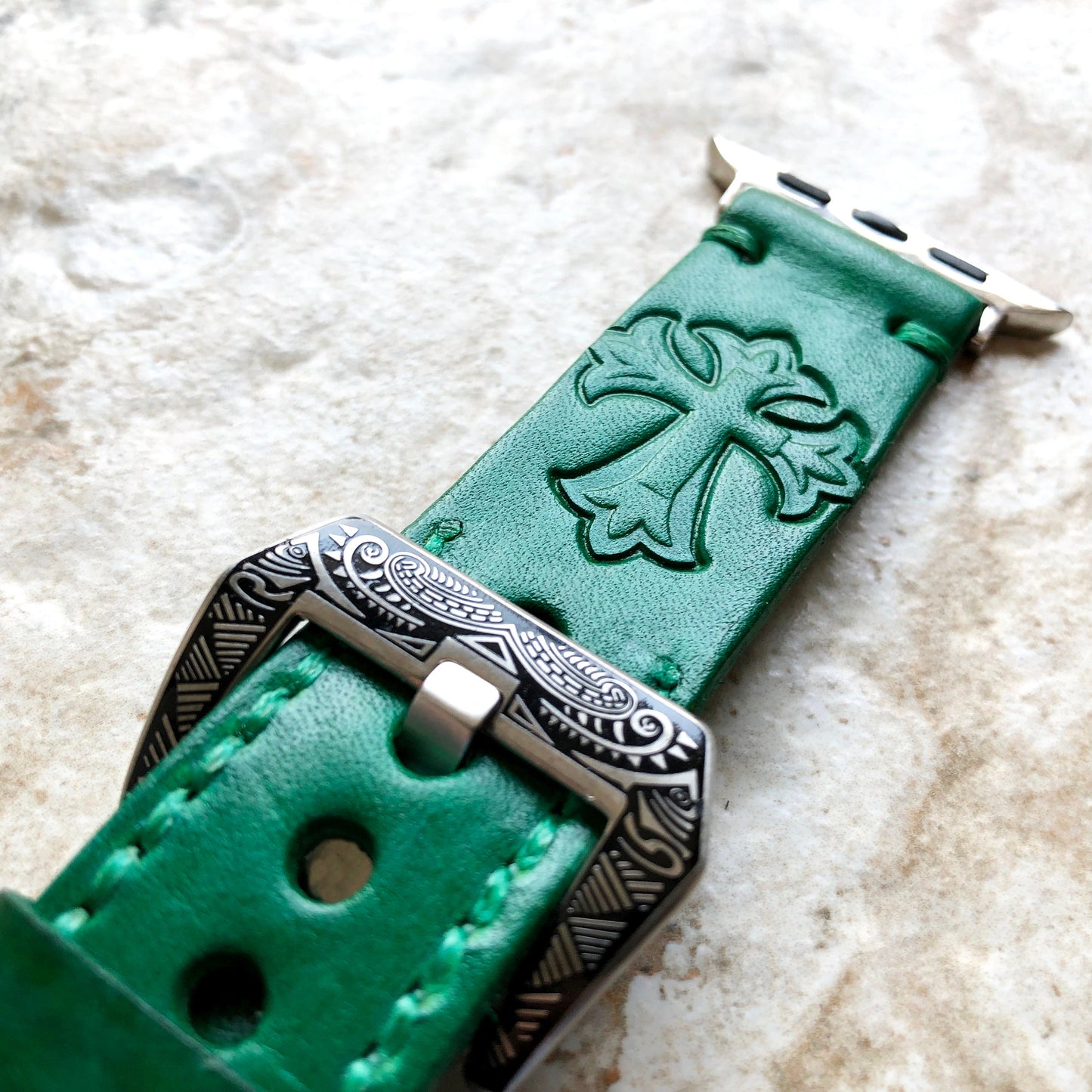 Apple Watch Leather Band for iWatch All Series 38mm 40mm 41mm 42mm 44mm 45mm 49mm Cross Fleury Tooled Embossed Handmade Green Strap Bracelet