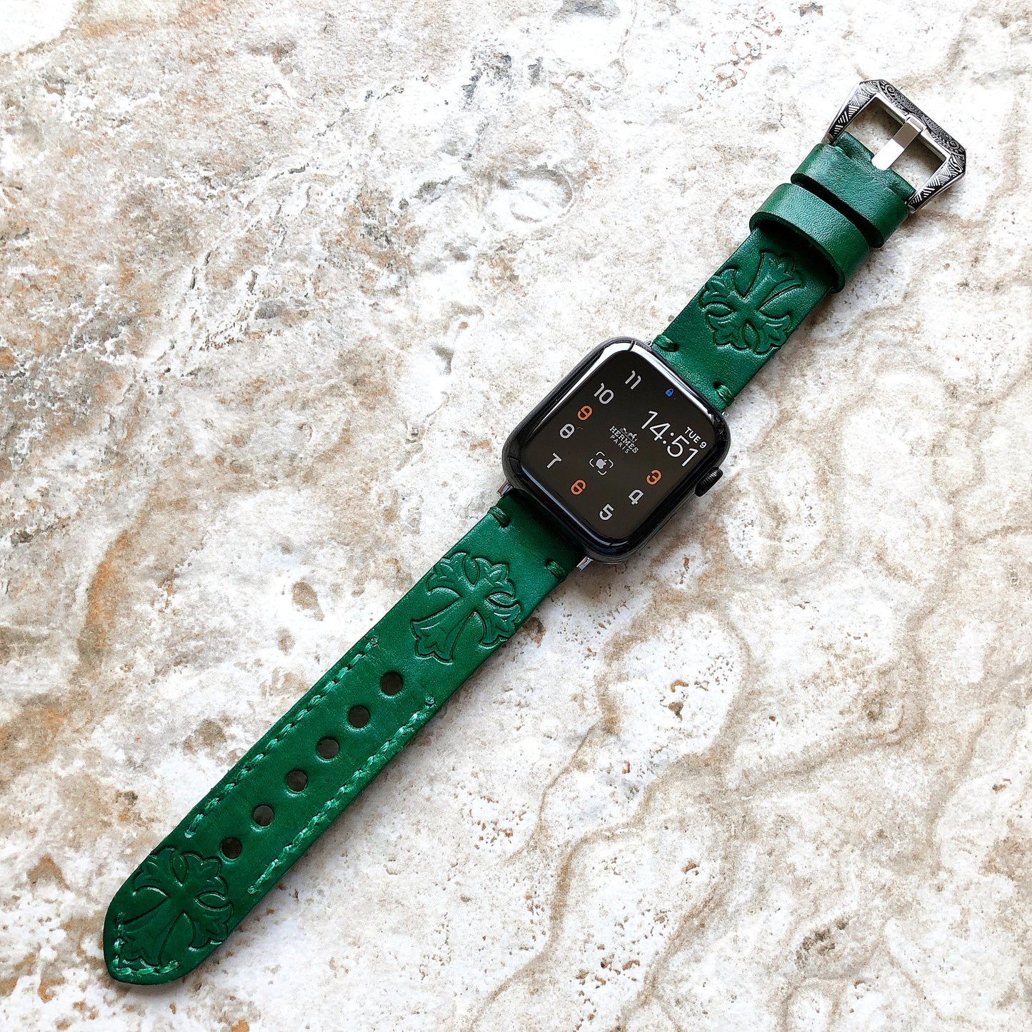 Apple Watch Leather Band for iWatch Ultra 2 49mm and 9 8 Series 41mm 45mm Case Cross Fleury Tooled Embossed Handmade Green Strap Bracelet