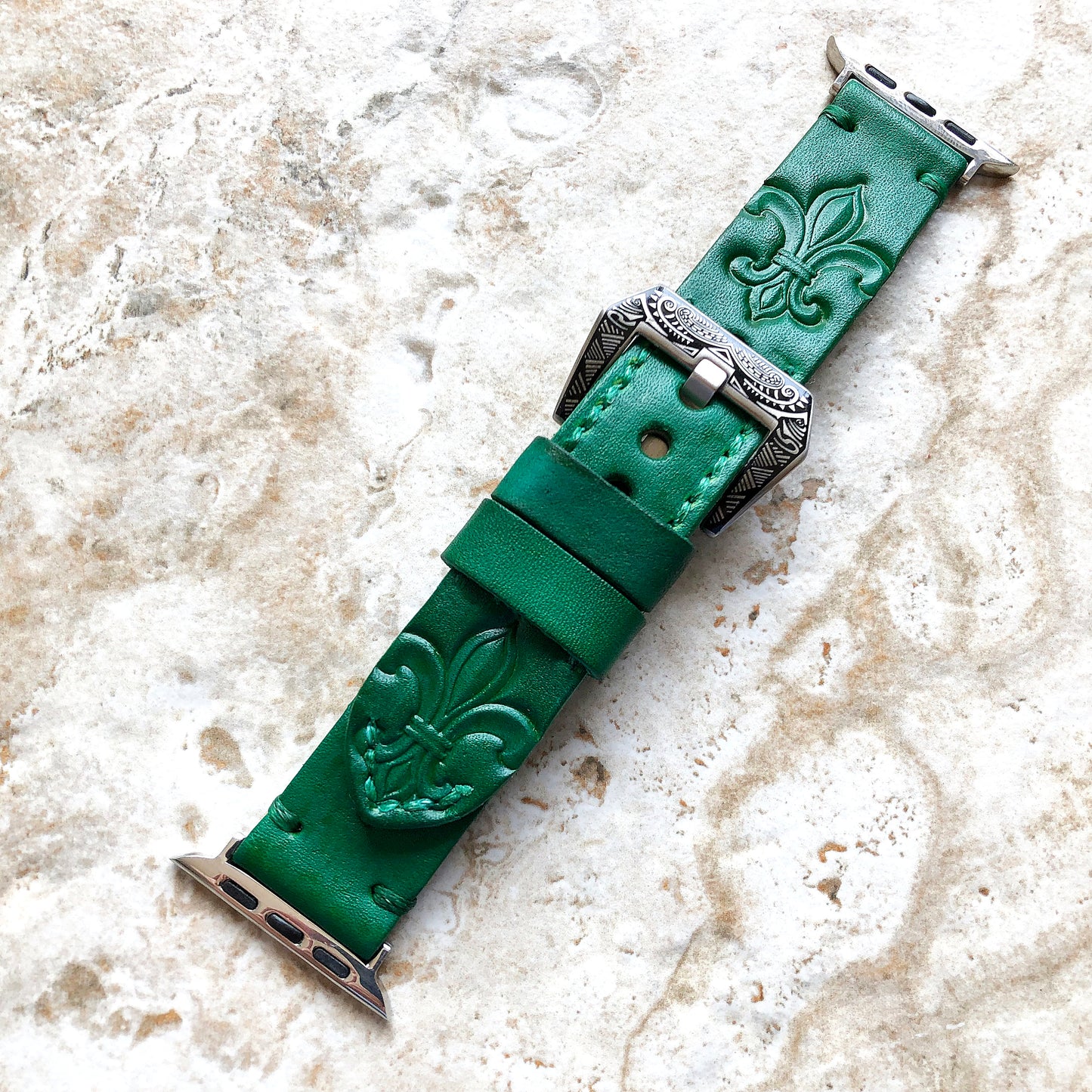 Apple Watch Leather Band Fleur De Lis Green for iWatch Ultra 2 49mm and 9 8 Series 41mm 45mm Case Tooled Embossed Handmade Strap Bracelet