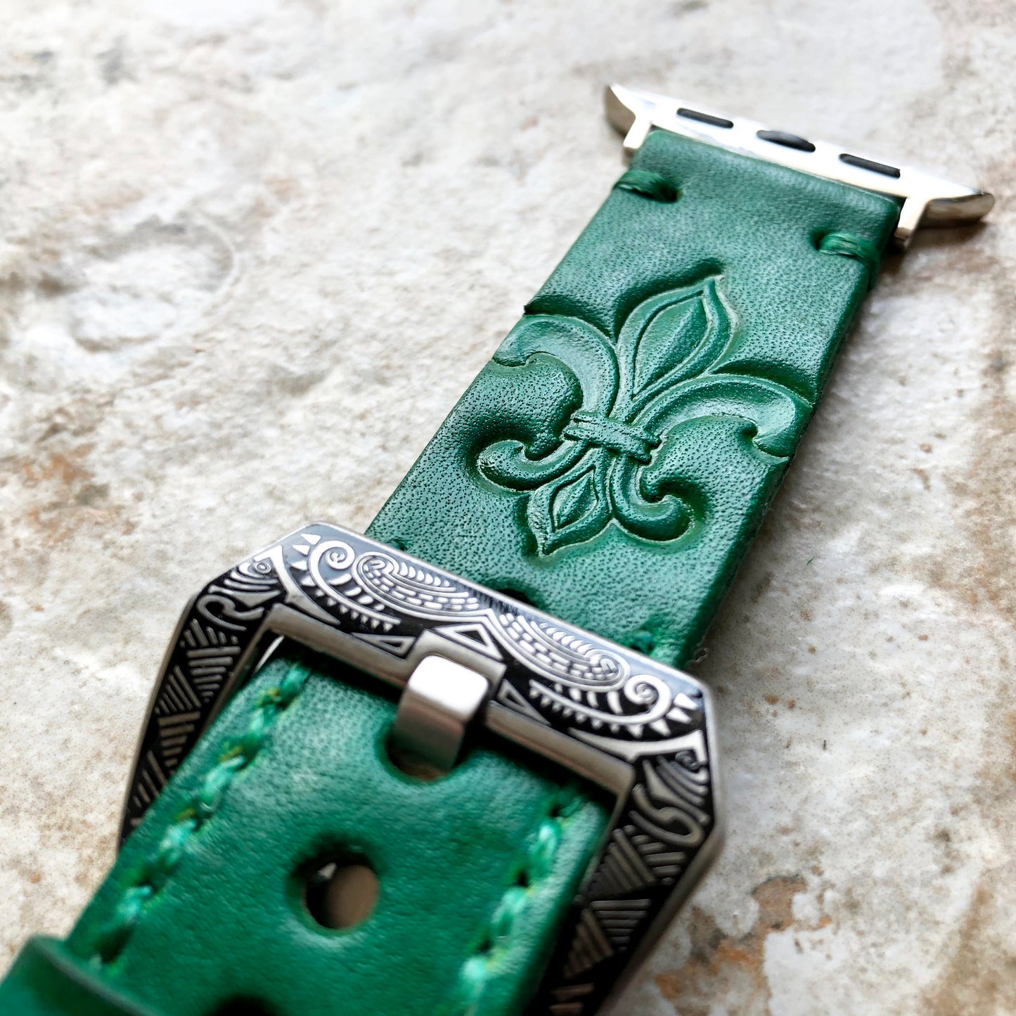 Apple Watch Leather Band Fleur De Lis Green for iWatch Ultra 2 49mm and 9 8 Series 41mm 45mm Case Tooled Embossed Handmade Strap Bracelet