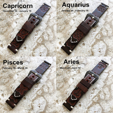Zodiac Sign Band 22mm 24mm 25mm Compatible with Apple Samsung Watch Fitbit Versa 2 3 4 Sense 2 Ionic Embossed Tooled Leather Handmade Strap