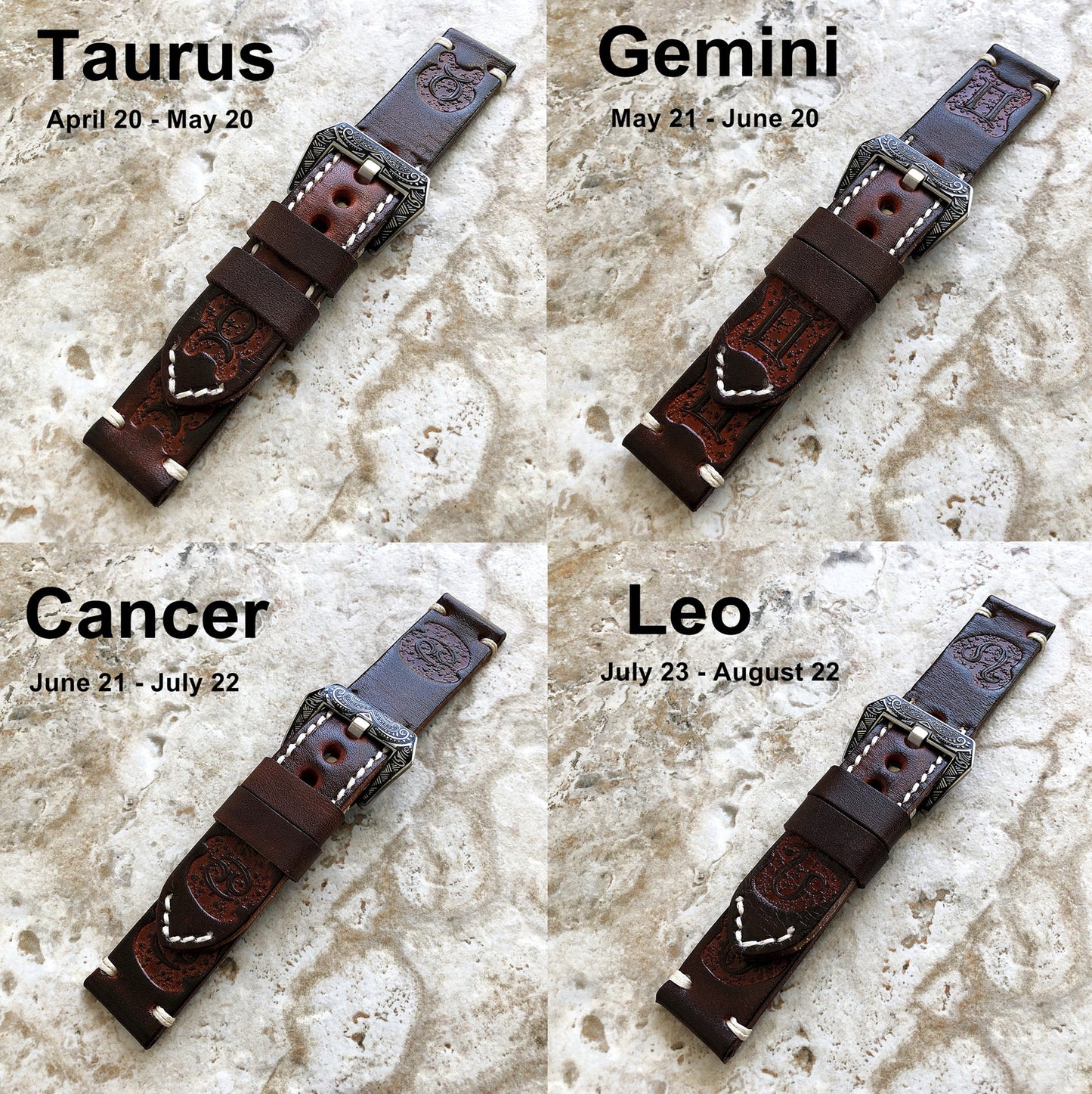 New Zodiac Sign Band 22mm 24mm 25mm Embossed Tooled Leather Handmade Strap Compatible with Apple Watch Fitbit Versa 2 3 4 Sense 2 Ionic
