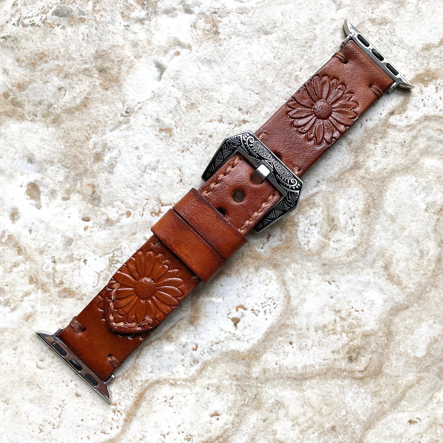 Apple Watch Band for iWatch Ultra 2 49mm and 9 8 Series 41mm 45mm Daisy Flower Tooled Embossed Handmade Brown Color Leather Strap Bracelet