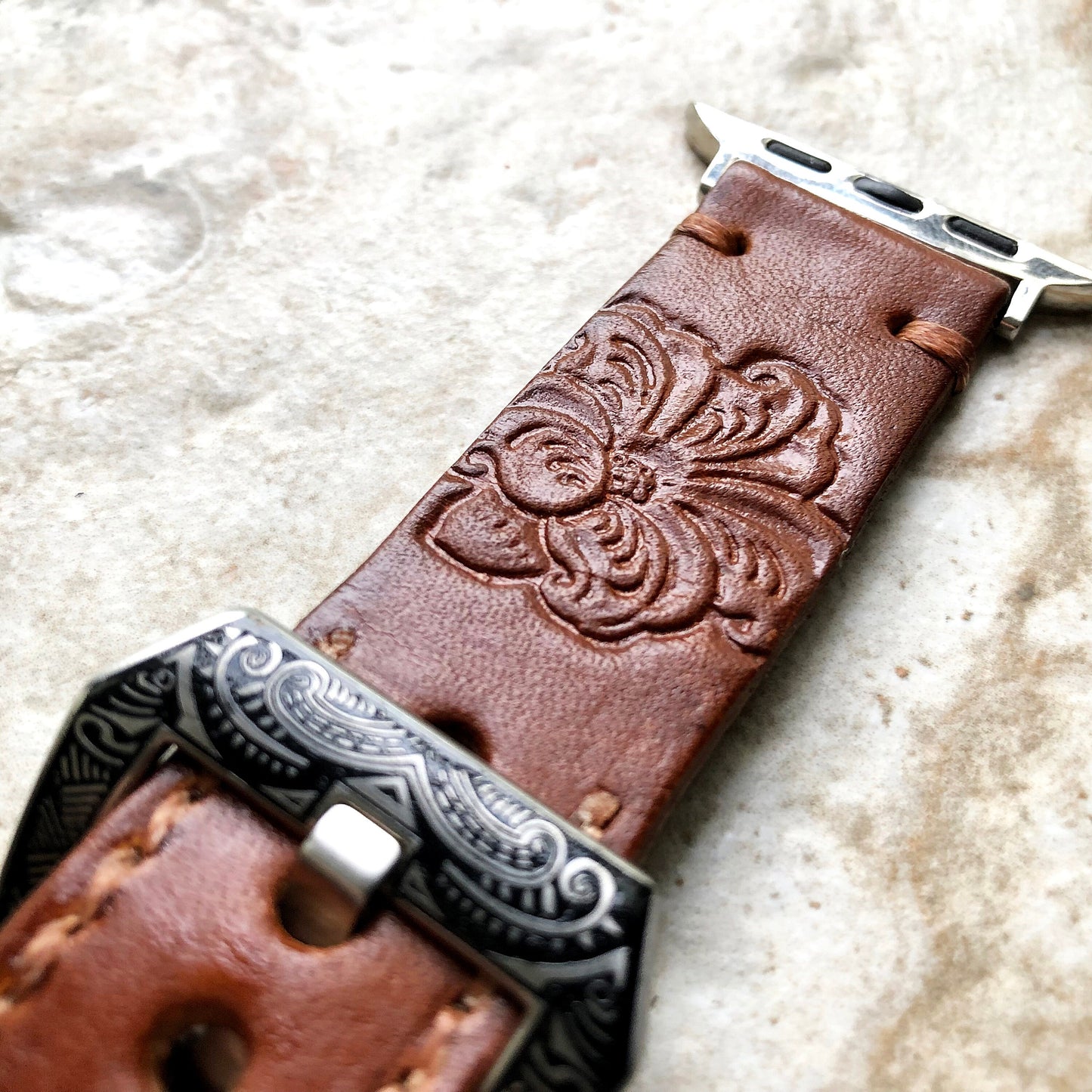 Apple Watch Band Peony Flower for iWatch Ultra 2 49mm and 9 8 Series 41mm 45mm Case Tooled Embossed Handmade Brown Leather Strap Bracelet