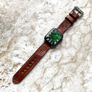 Apple Watch Rose Flower Band for All Series 38mm 40mm 41mm 42mm 44mm 45mm 49mm Case Tooled Embossed Handmade Brown Leather Strap Bracelet