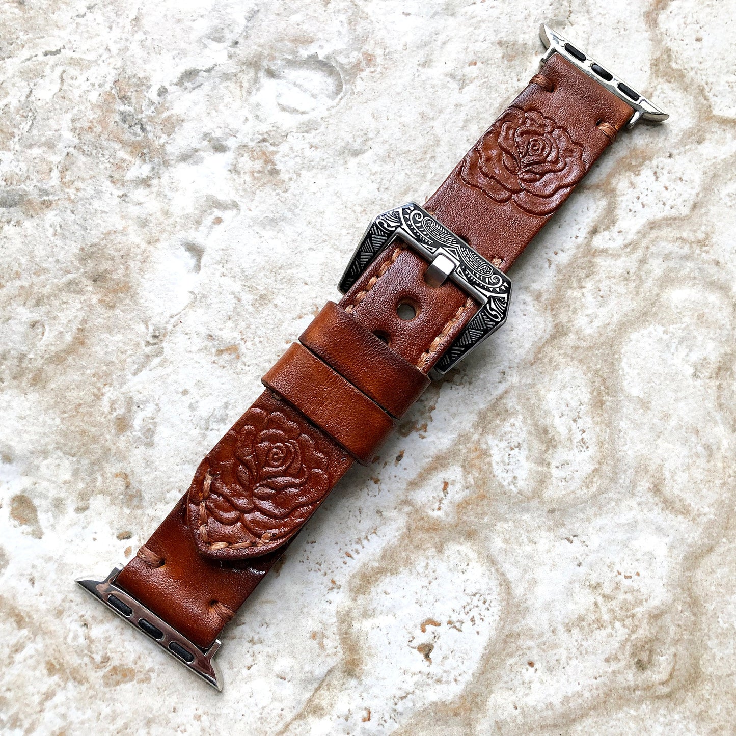 Apple Watch Rose Flower Band for All Series 38mm 40mm 41mm 42mm 44mm 45mm 49mm Case Tooled Embossed Handmade Brown Leather Strap Bracelet