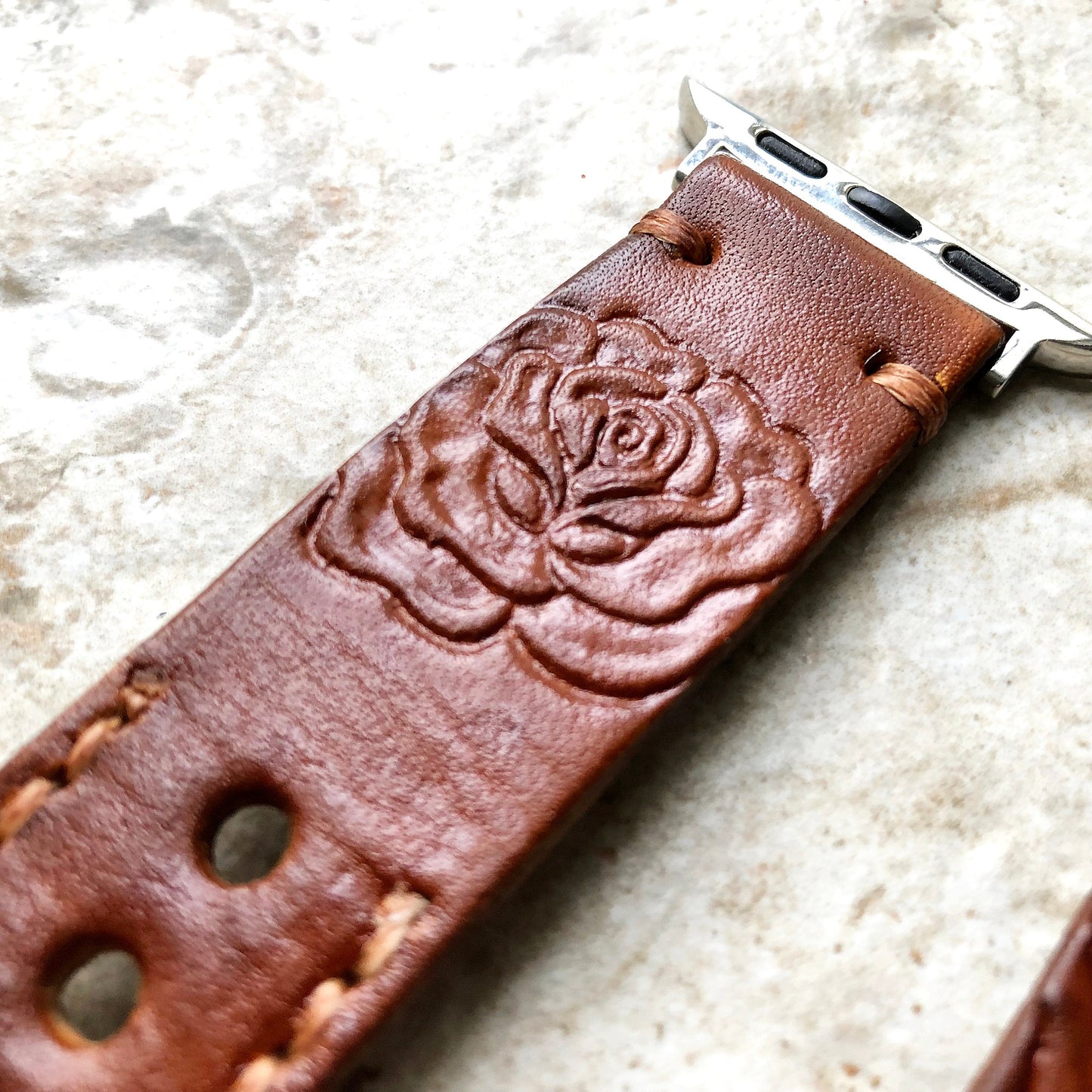 Apple Watch Rose Flower Band for All Series 38mm 40mm 41mm 42mm 44mm 45mm 49mm Case Tooled Embossed Handmade Brown Leather Strap Bracelet