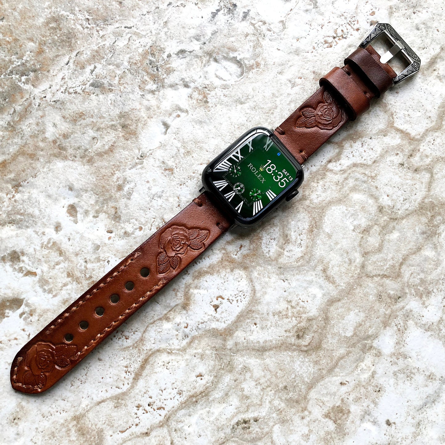 Apple Watch Rose with Leafs Tooled Embossed Handmade Dark Brown Leather Band Strap for iWatch All Series 38mm 40mm 41mm 42mm 44mm 45mm 49mm