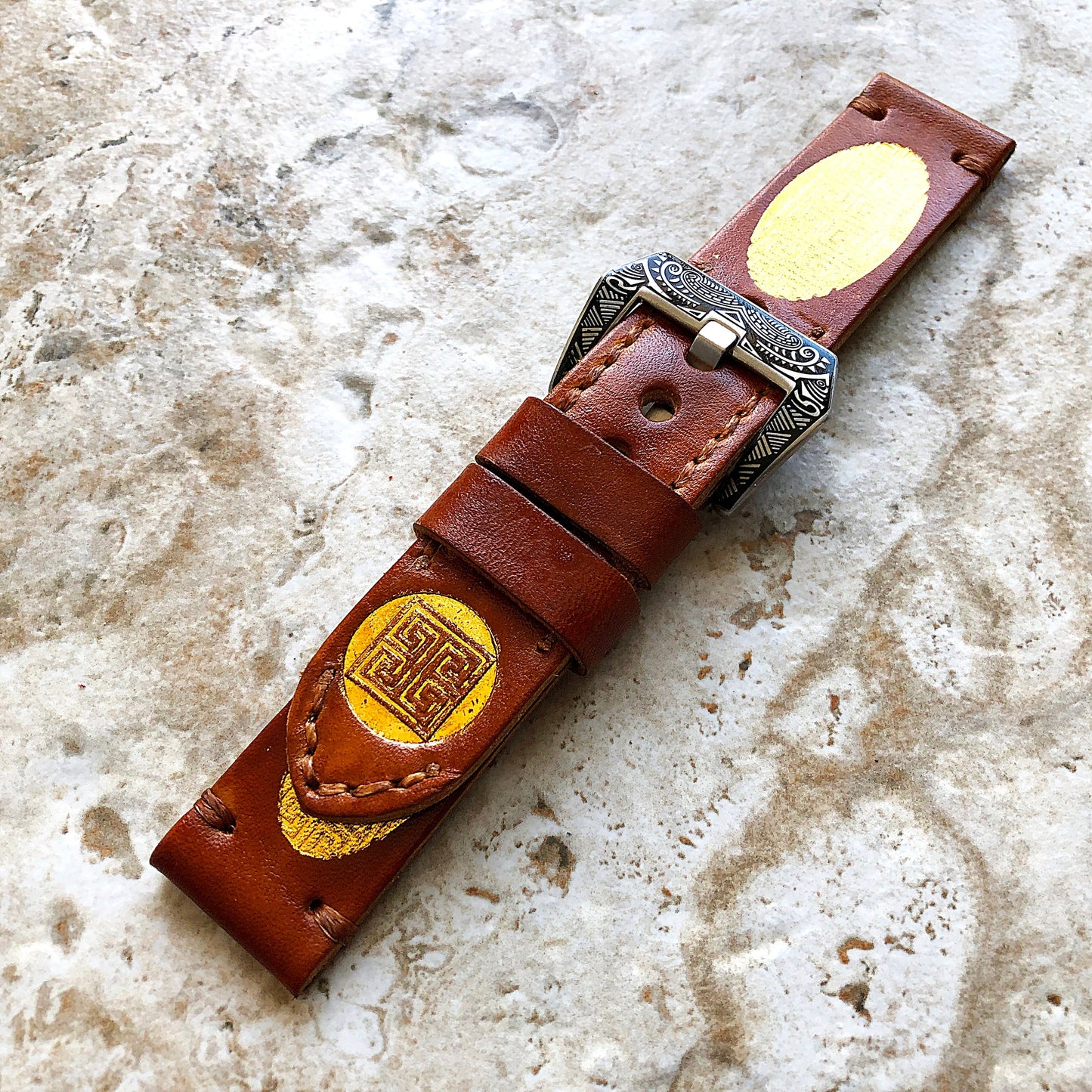 Greek Key Vintage Style Band 22mm 24mm 25mm Compatible with Apple Watch Fitbit Versa 2 3 4 Sense 2 Ionic Accented Embossed Leather Strap