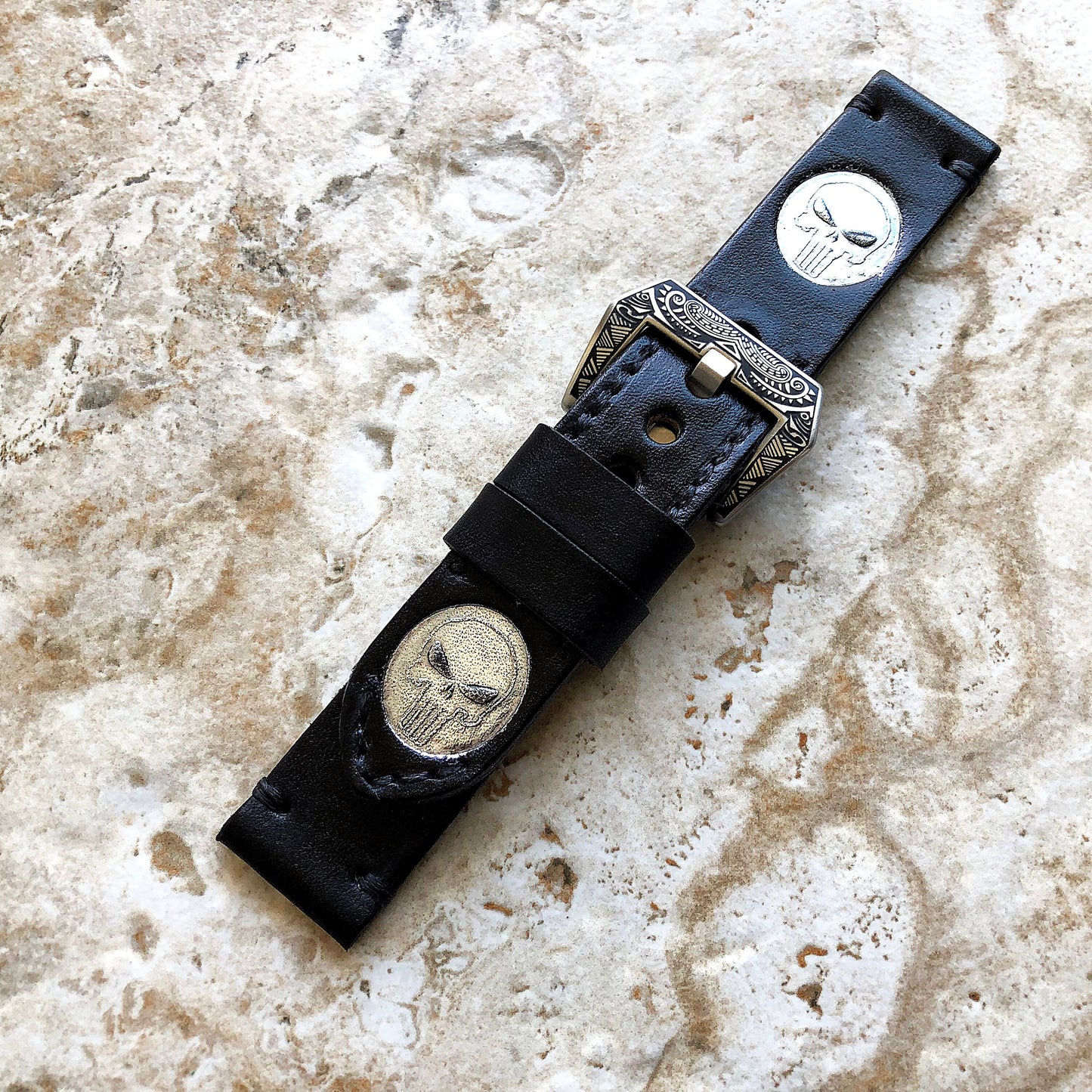Sniper PUN Vintage Style Band 22mm 24mm 25mm Compatible with Apple Watch Fitbit Versa 2 3 4 Sense 2 Ionic Accented Embossed Strap Leather
