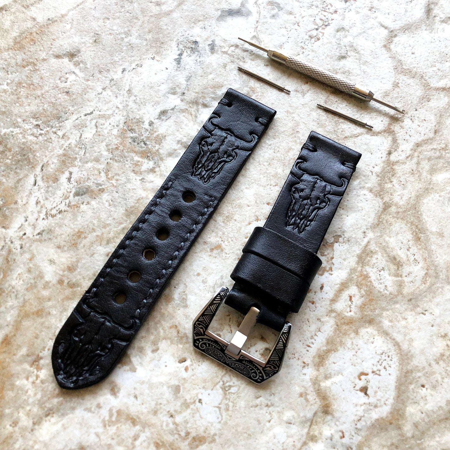 Garmin Buffalo Skull Black Leather Band for Forerunner 745 265 255 Venu 3 2 Darth Vader First Avenger Vivoactive 4 Embossed Strap Tool B22