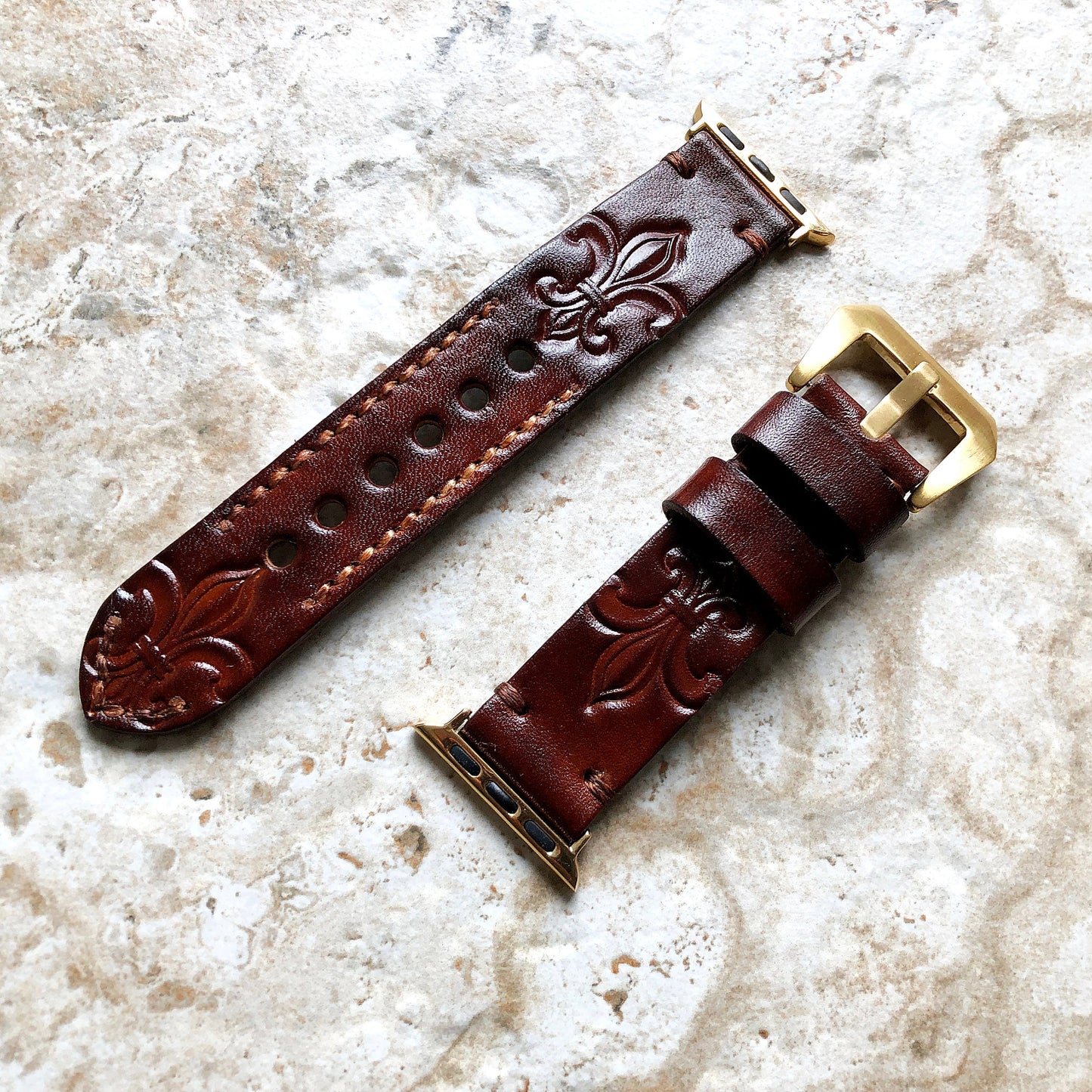 Apple Watch Fleur De Lis Genuine Leather Band for iWatch Ultra 2 49mm and 9 8 Series 41mm 45mm Case Tooled Embossed Strap Bracelet Brown