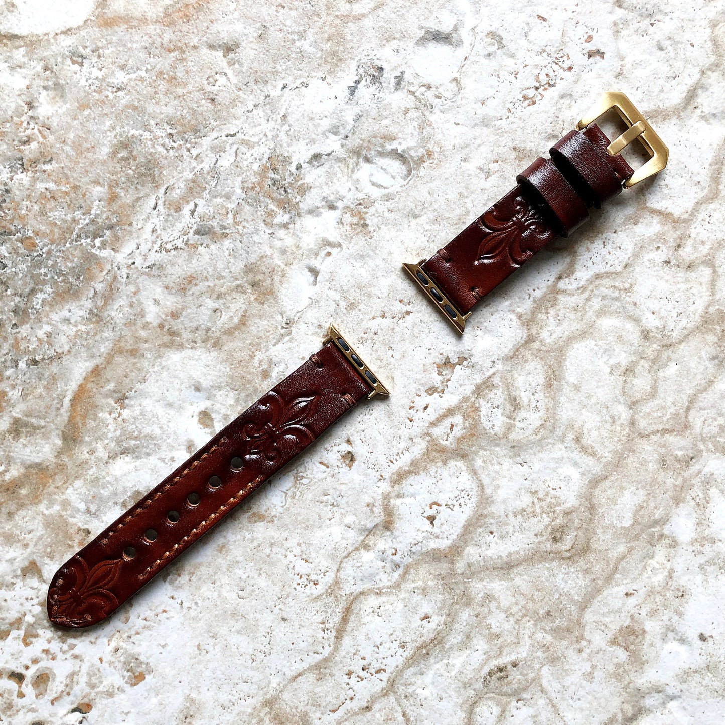 Apple Watch Fleur De Lis Genuine Leather Band for iWatch Ultra 2 49mm and 9 8 Series 41mm 45mm Case Tooled Embossed Strap Bracelet Brown