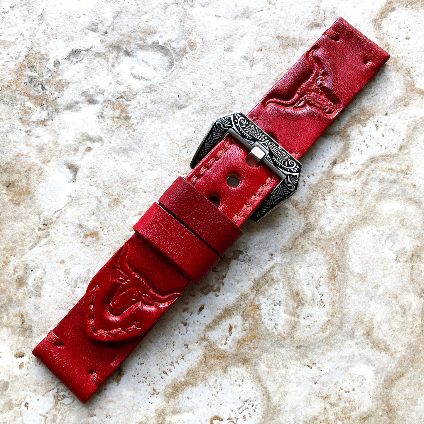 Longhorn Bull Band 22mm 24mm 25mm Embossed Genuine Leather Compatible with Apple Watch Fitbit Versa 2 3 4 Sense 2 Ionic Handmade Strap