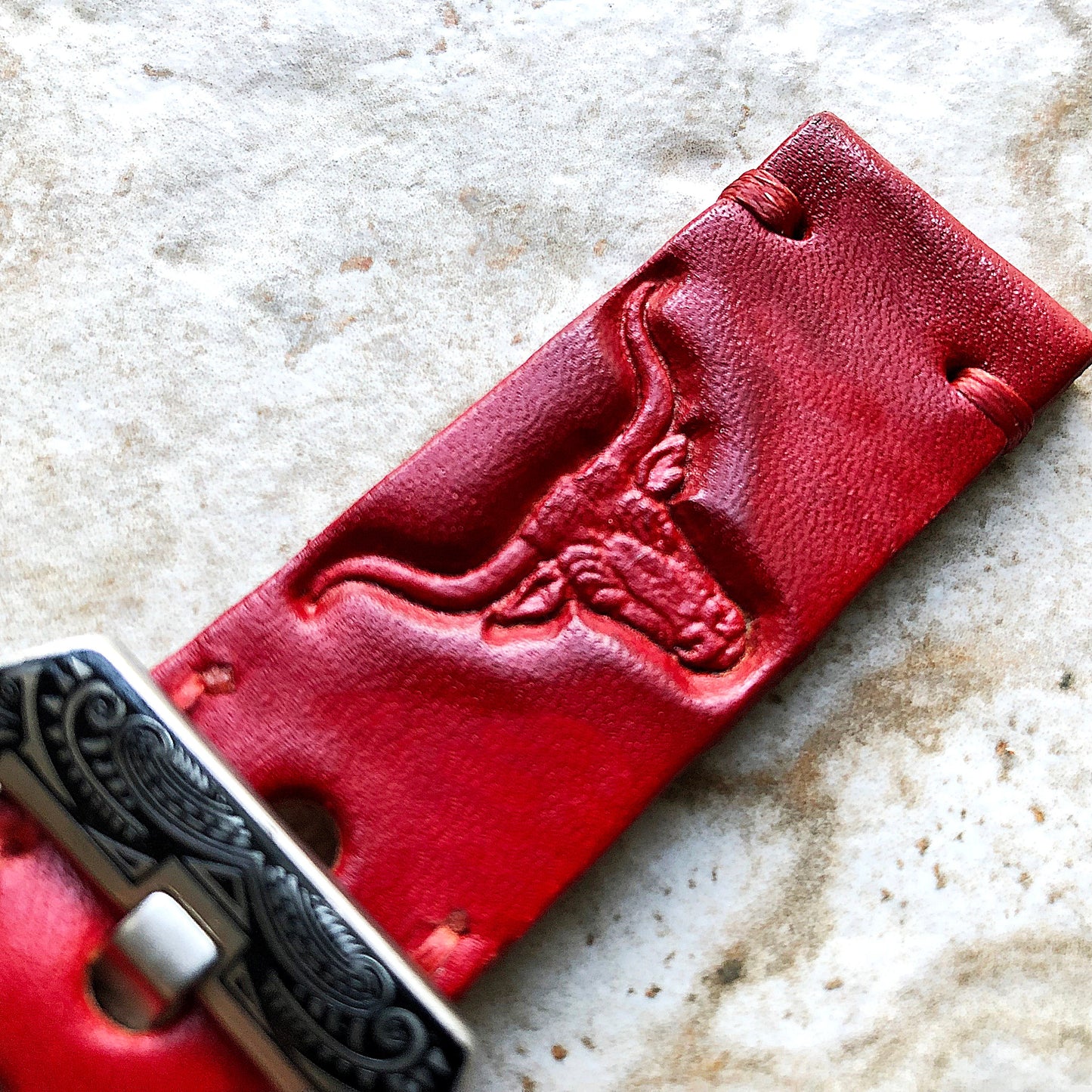 Longhorn Bull Band 22mm 24mm 25mm Embossed Genuine Leather Compatible with Apple Watch Fitbit Versa 2 3 4 Sense 2 Ionic Handmade Strap