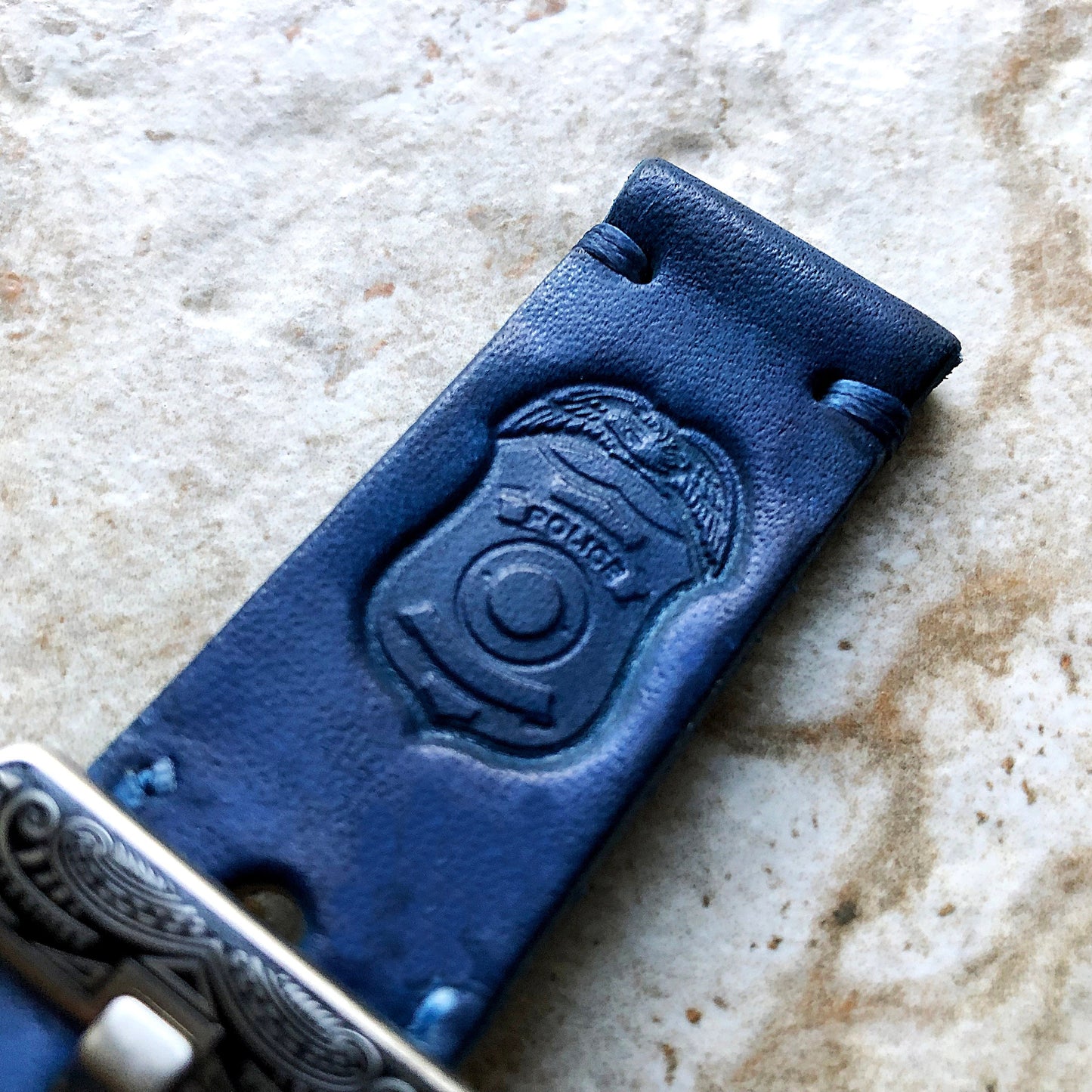 Police Badge Band 22mm 24mm 25mm Embossed Genuine Leather Compatible with Apple Watch Fitbit Versa 2 3 4 Sense 2 Ionic Handmade Strap