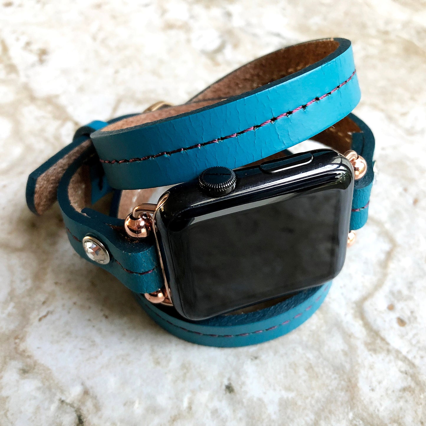 Apple New Blue Vintage Style Band for iWatch All Series 38mm 40mm 41mm 42mm 44mm 45mm 49mm Fashion Leather Strap Wrap Bracelet Crystals
