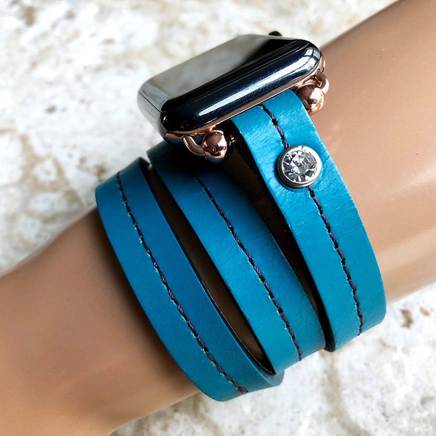 Apple New Blue Vintage Style Band for iWatch All Series 38mm 40mm 41mm 42mm 44mm 45mm 49mm Fashion Leather Strap Wrap Bracelet Crystals