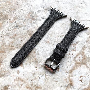 Apple Black Sparkling Glitter Band for iWatch All Series 38mm 40mm 41mm 42mm 44mm 45mm 49mm Case Slim Elegant Soft Leather Straps