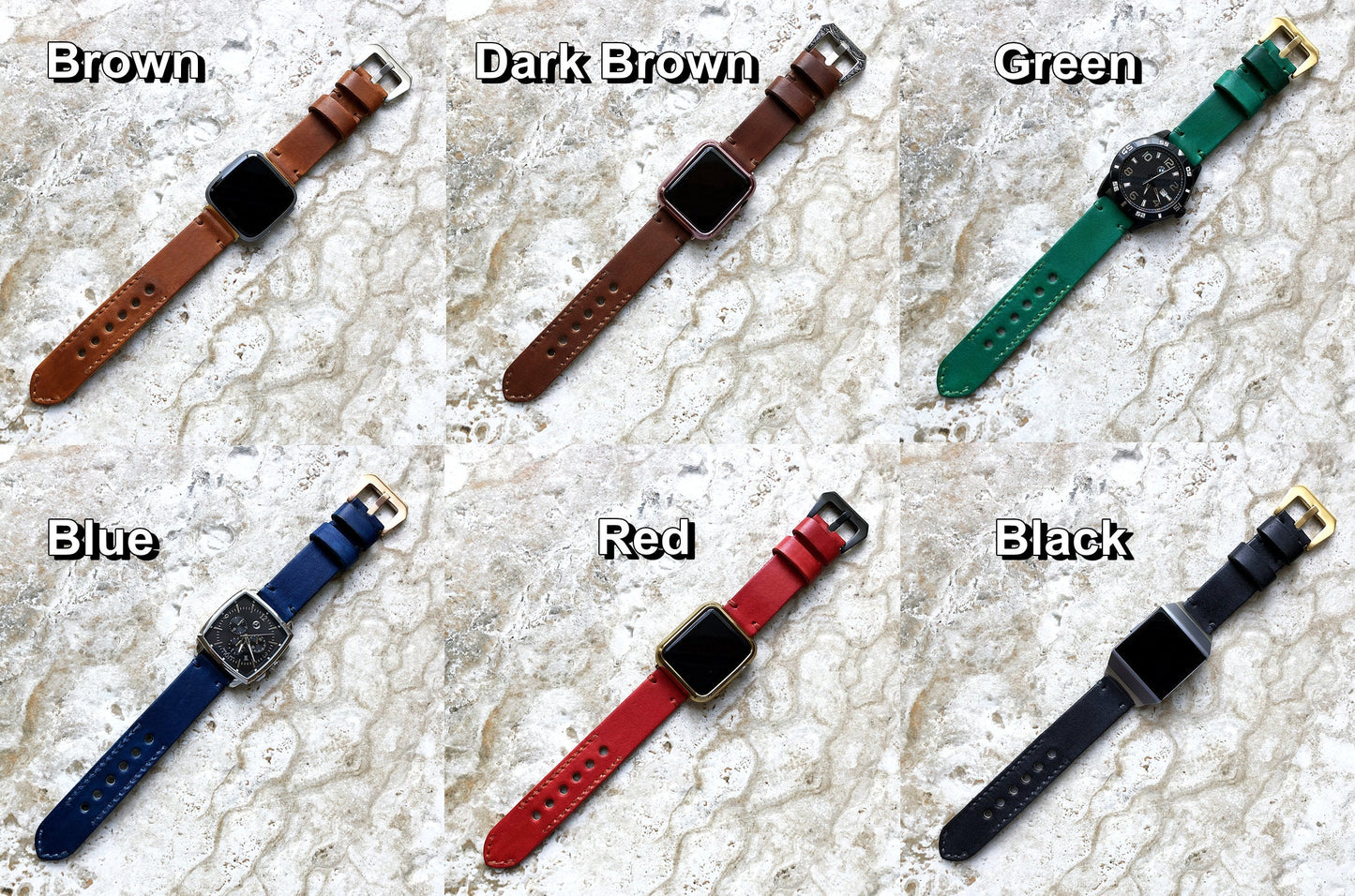 Black Red Green Blue Dark Brown Band 22mm 24mm 25mm Genuine Leather Compatible with Apple Watch Fitbit Versa 2 3 4 Sense 2 Ionic Strap