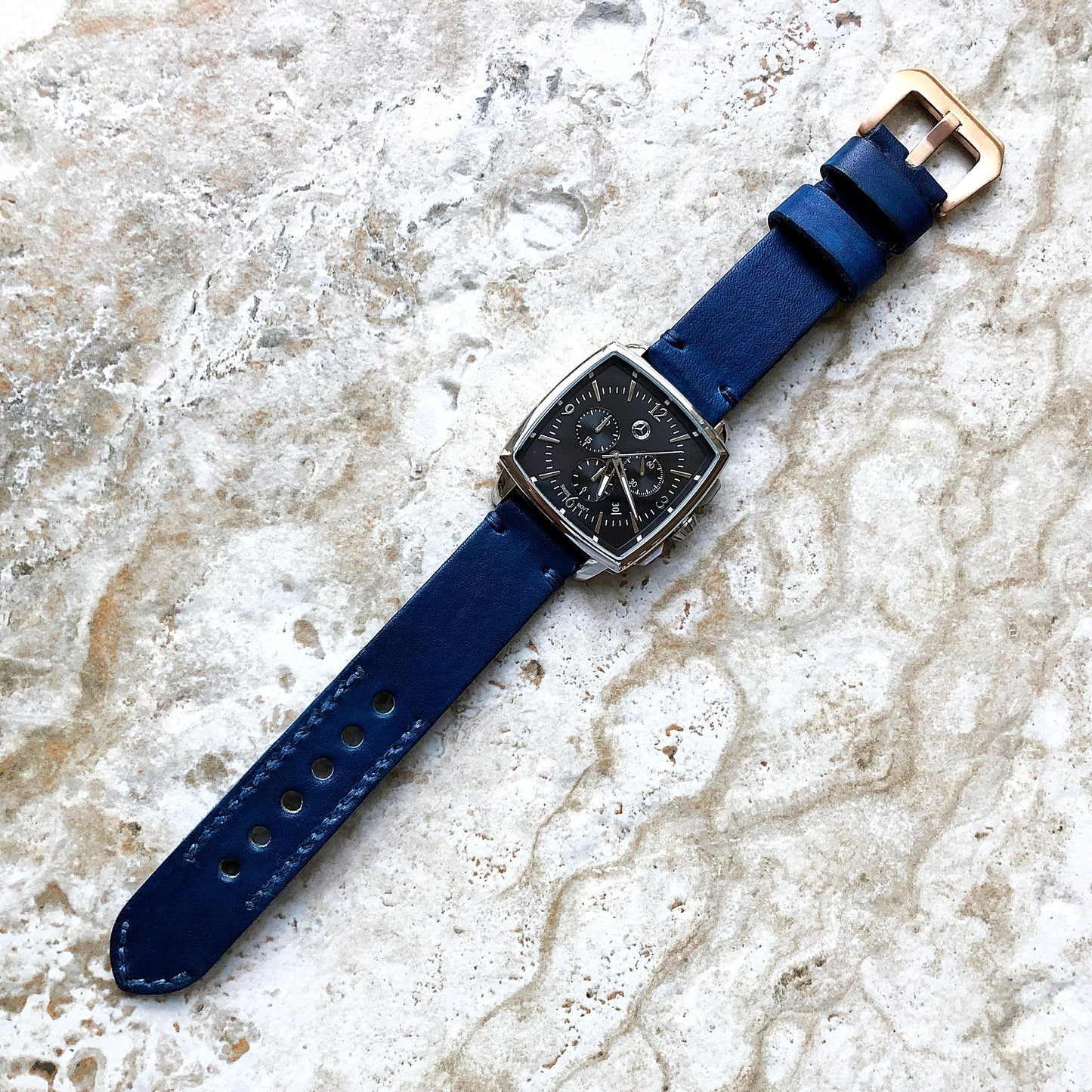 22mm Blue Leather Handmade Watch Band Strap Compatible with Apple Watch Ultra 2 9 8 7 SE 6 5 4 3 2 1 Series Fitbit Versa 2 3 4 Sense 2 Ionic