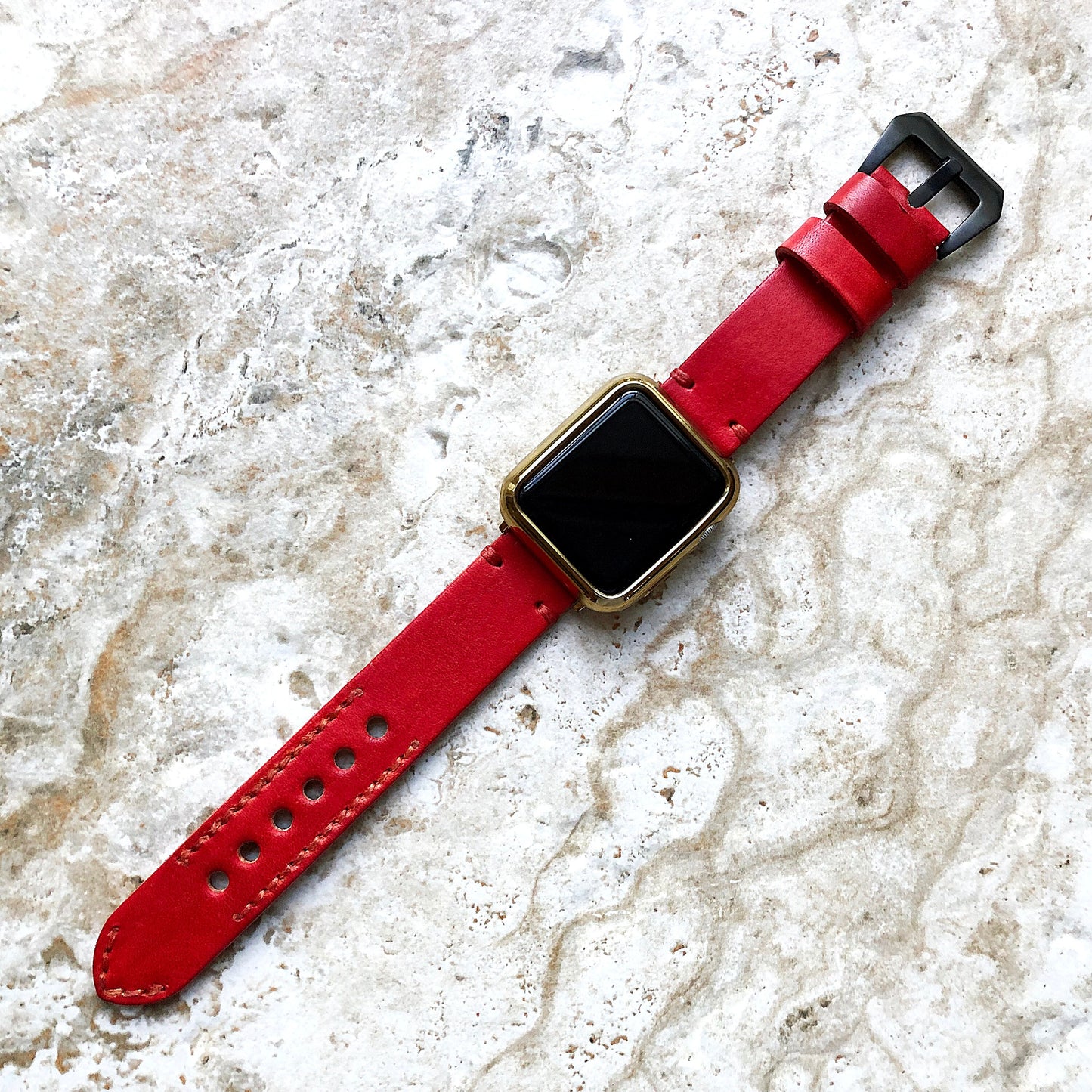 Red Band 22mm 24mm 25mm Real Leather Strap Compatible with Apple Ultra 2 9 8 7 SE 6 5 4 3 2 1 Series Watch Fitbit Versa 2 3 4 Sense 2 Ionic