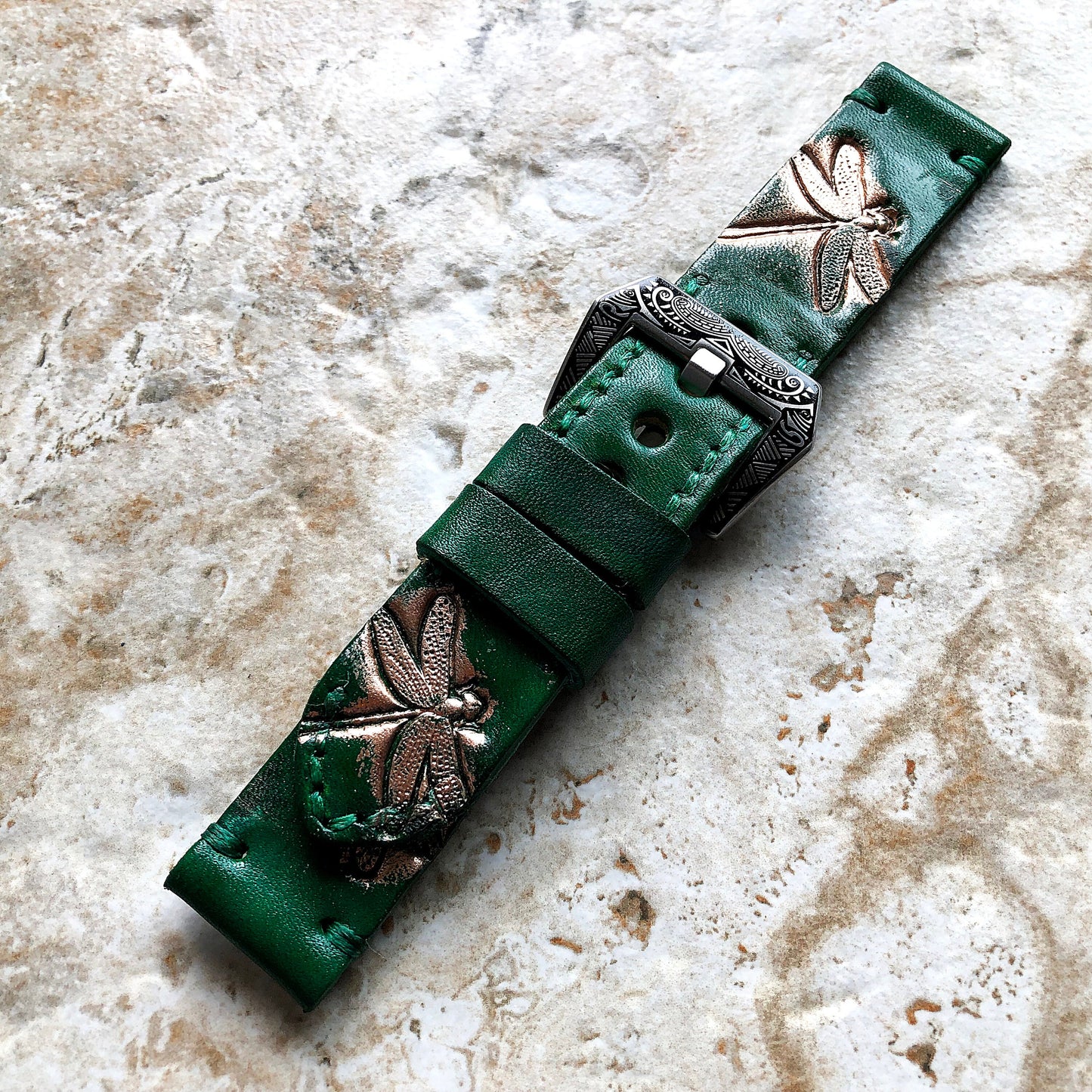 Dragonfly Band 22mm 24mm 25mm Compatible with Apple Watch Fitbit Versa 2 3 4 Sense 2 Ionic Accented Embossed Real Leather Handmade Strap