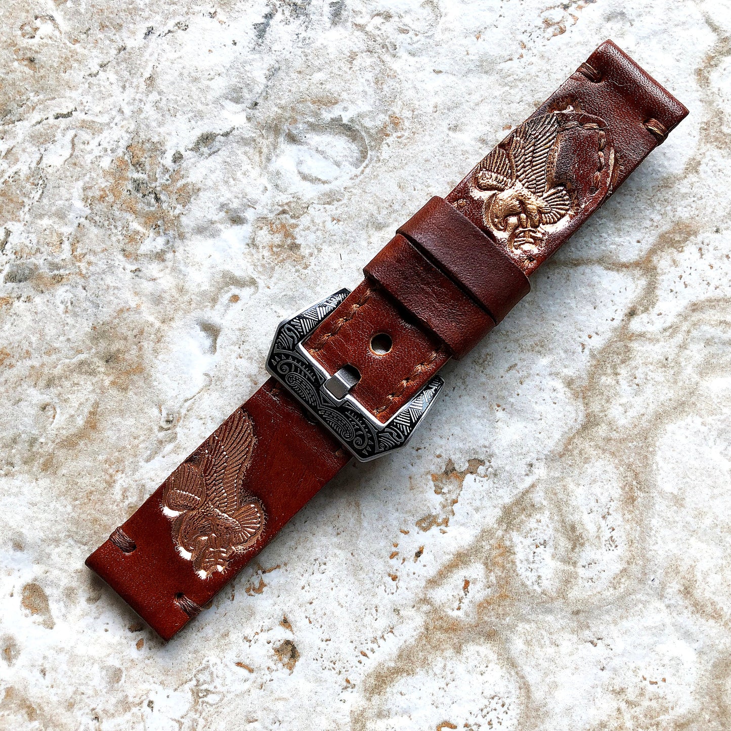 Eagle Attack Band 22mm 24mm 25mm Compatible with Apple Watch Fitbit Versa 2 3 4 Sense 2 Ionic Accented Embossed Tooled Real Leather Strap