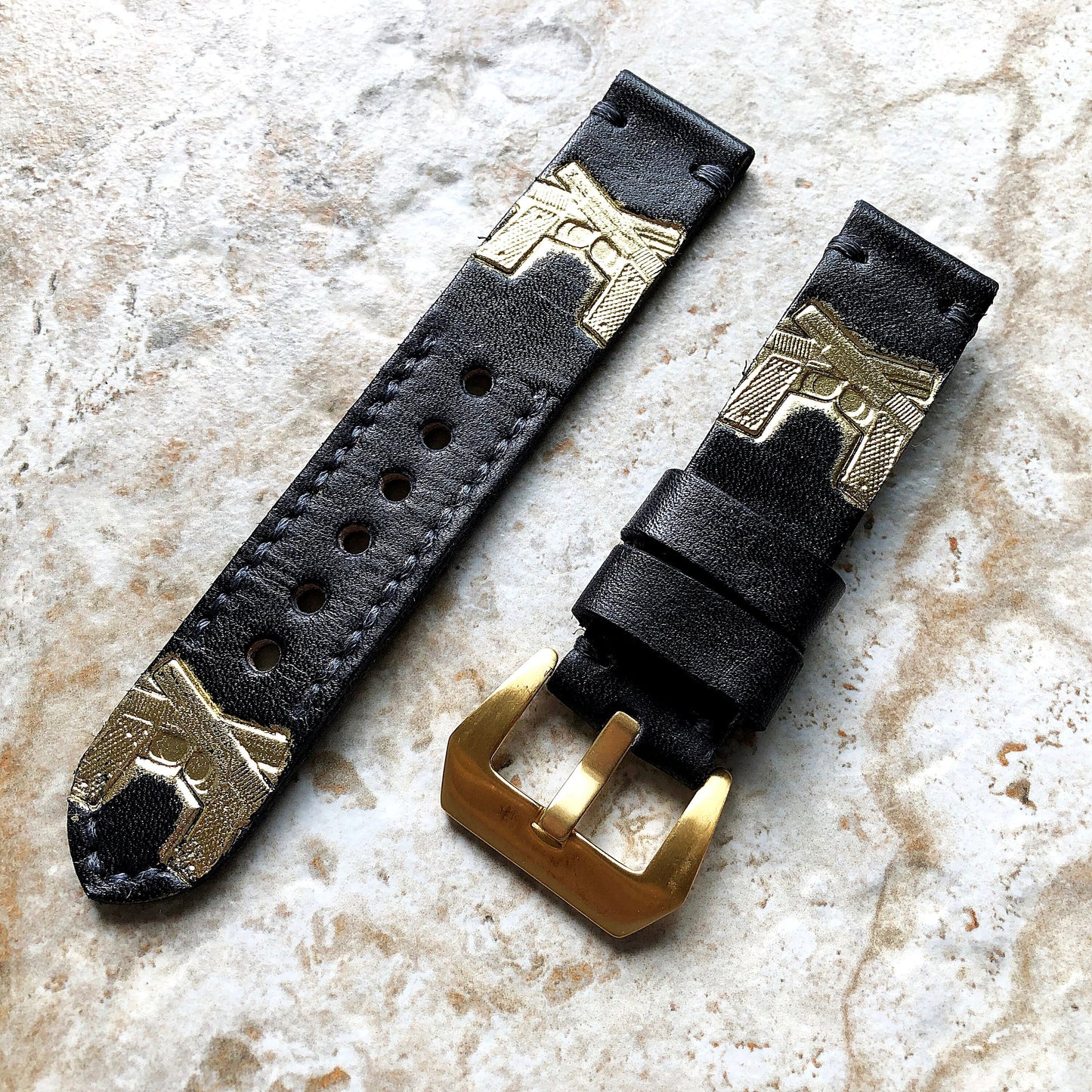Crossed Pistols Band 22mm 24mm 25mm Compatible with Apple Watch Fitbit Versa 2 3 4 Sense 2 Ionic Accented Embossed Tooled Leather Strap
