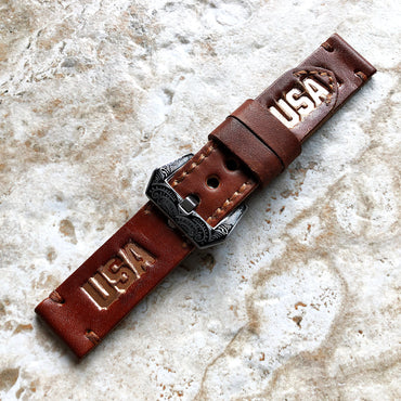 USA Band 22mm 24mm 25mm Compatible with Apple Watch Fitbit Versa 2 3 4 Sense 2 Ionic Accented Embossed Tooled Real Leather Handmade Strap