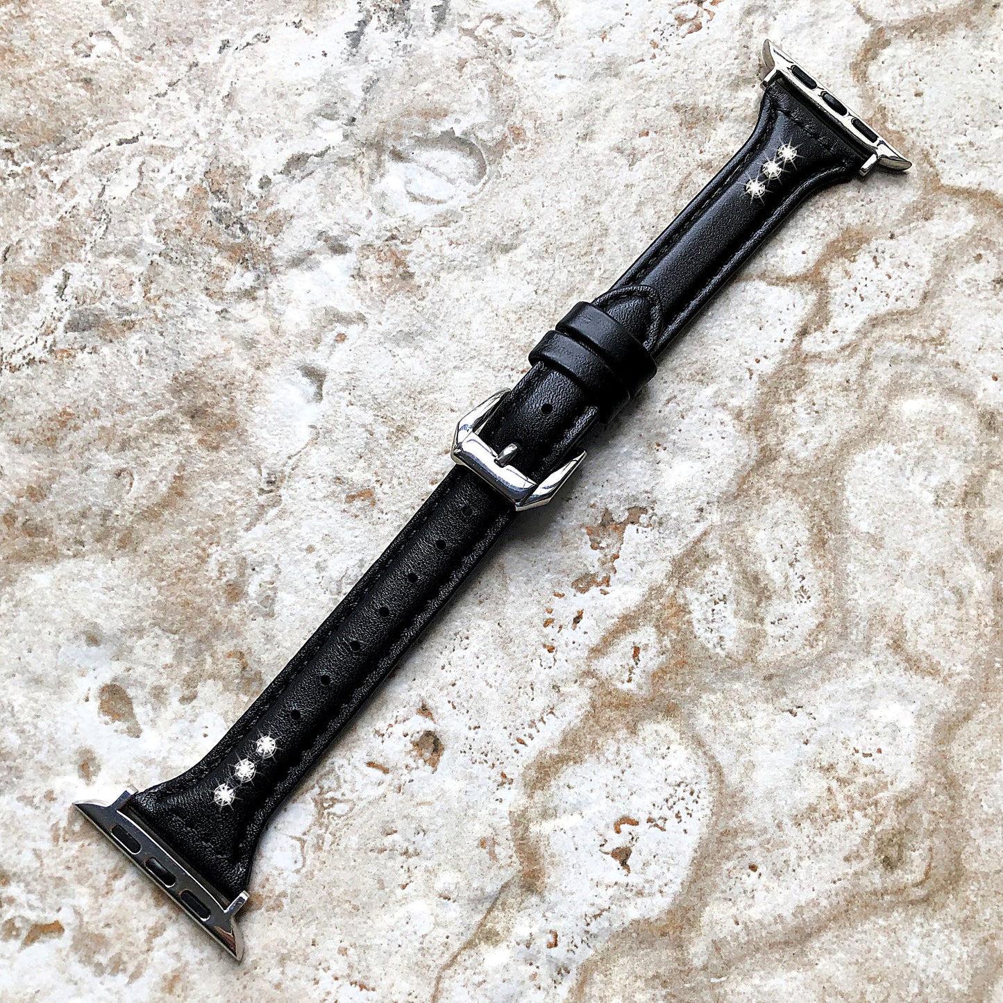 Apple Black Leather and Crystals Slim Elegant Soft Band Strap Bracelet for iWatch All Series 38mm 40mm 41mm 42mm 44mm 45mm 49mm Case