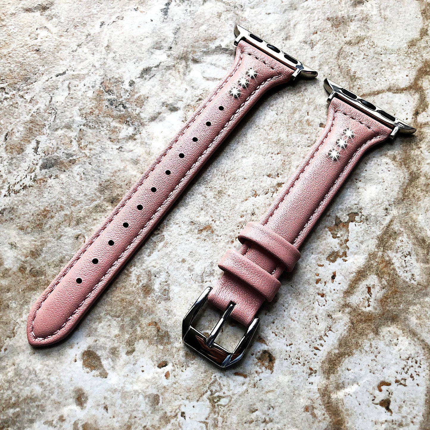 Apple Pink Leather with Crystals Slim Elegant Soft Band Strap Bracelet for iWatch Ultra 2 49mm and 9 8 Series 41mm 45mm Case Handmade