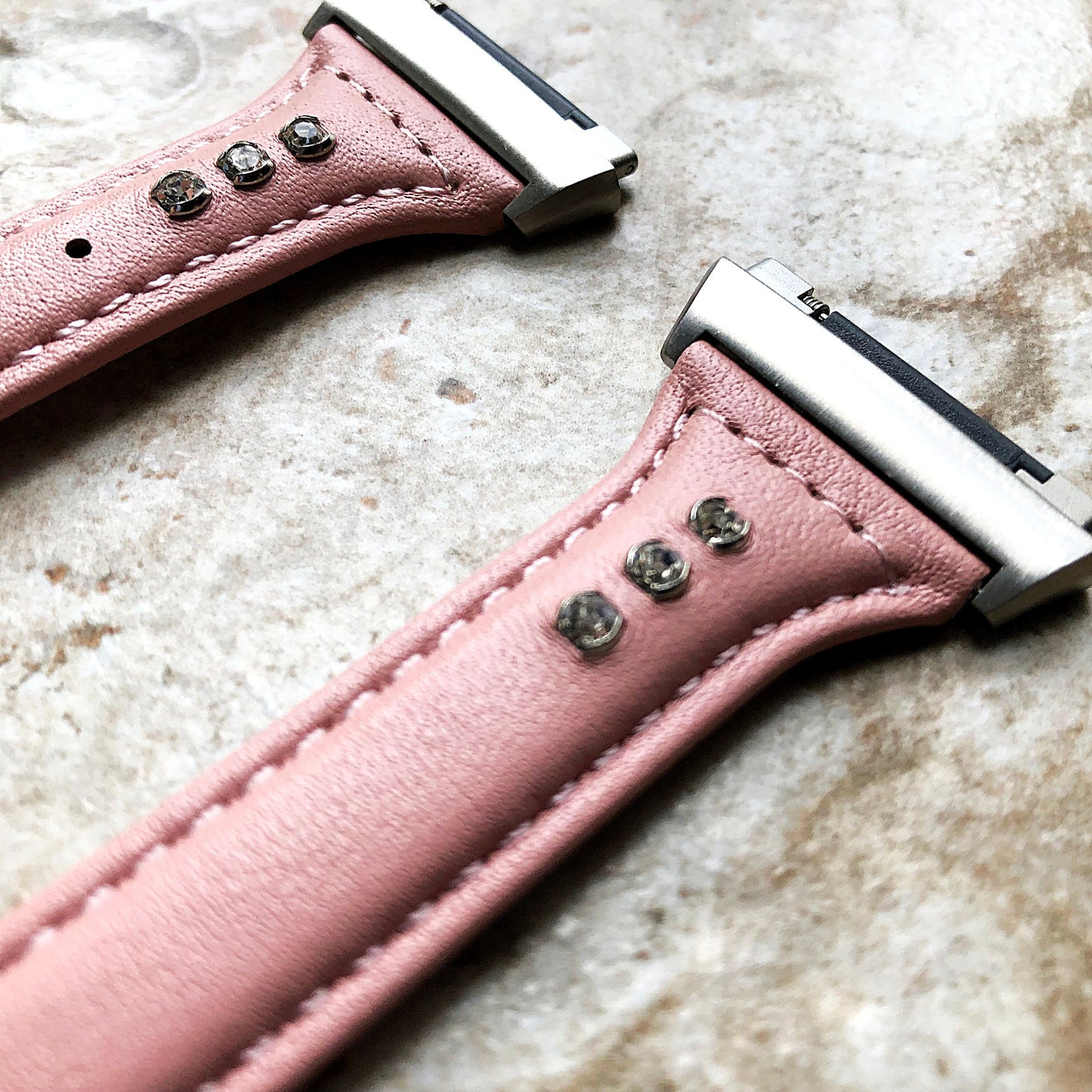 Fitbit Ionic Pink Leather & Crystals Slim Elegant Soft Band Strap Bracelet for Smartwatch Quick Release Adapters in Silver Rose Gold Black