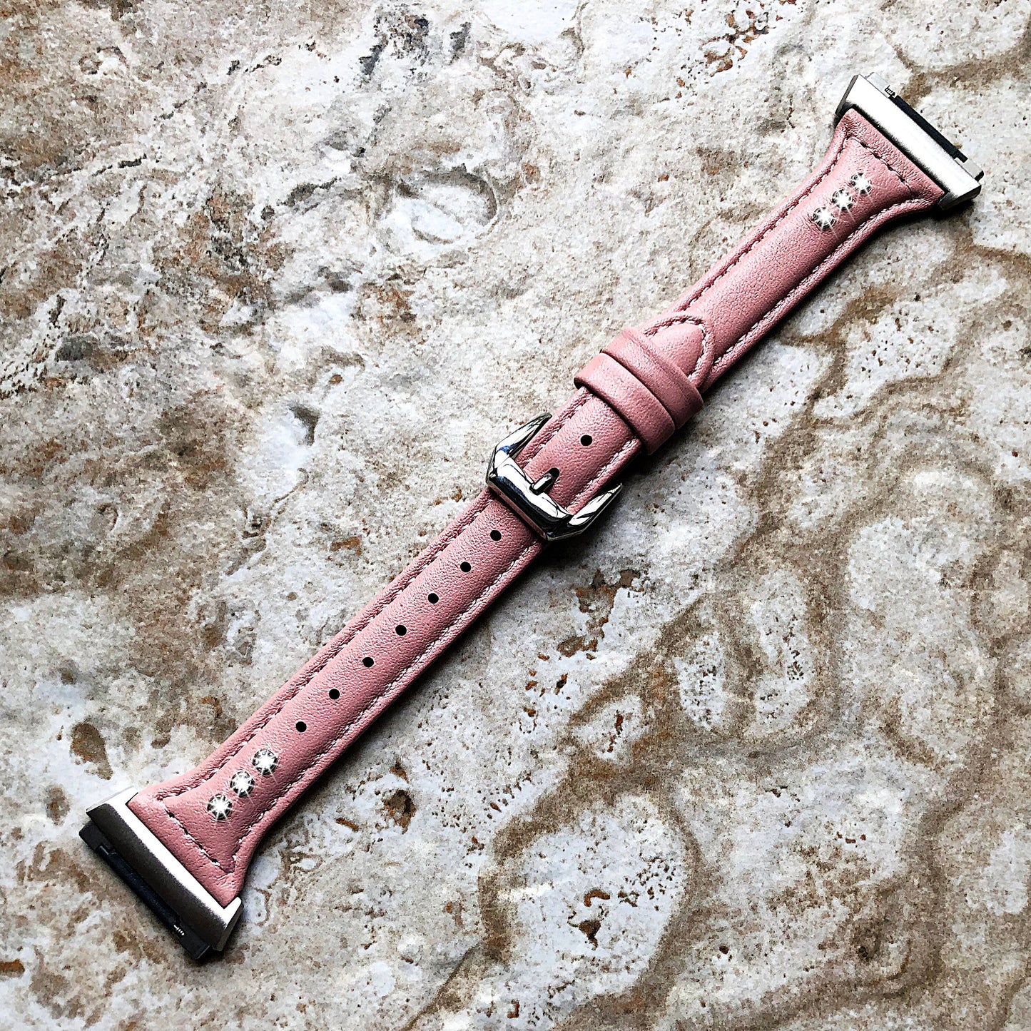 Fitbit Ionic Pink Leather & Crystals Slim Elegant Soft Band Strap Bracelet for Smartwatch Quick Release Adapters in Silver Rose Gold Black