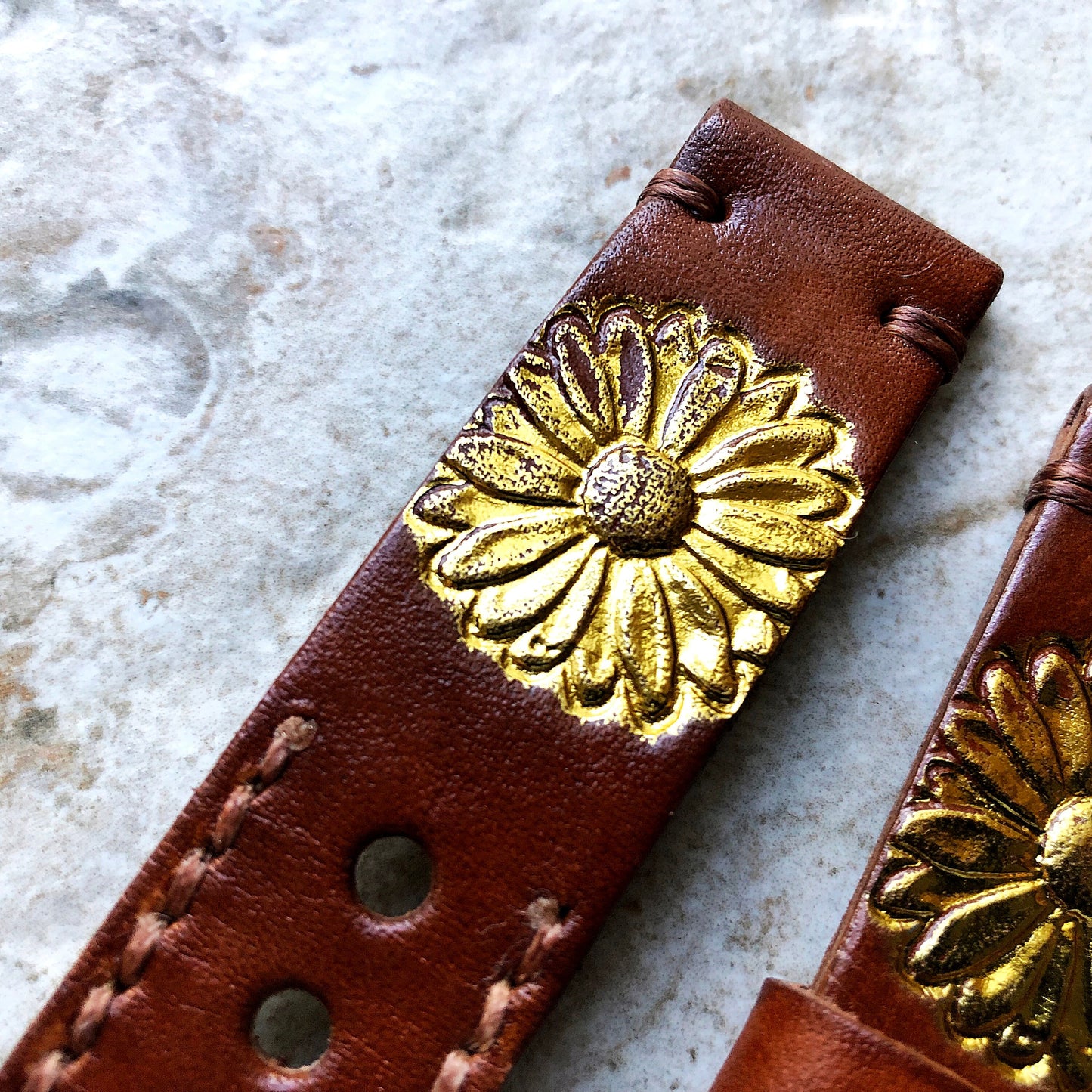 Daisy Flower Band 22mm 24mm 25mm Compatible with Apple Watch Fitbit Versa 2 3 4 Sense 2 Ionic Embossed Tooled Real Leather Strap