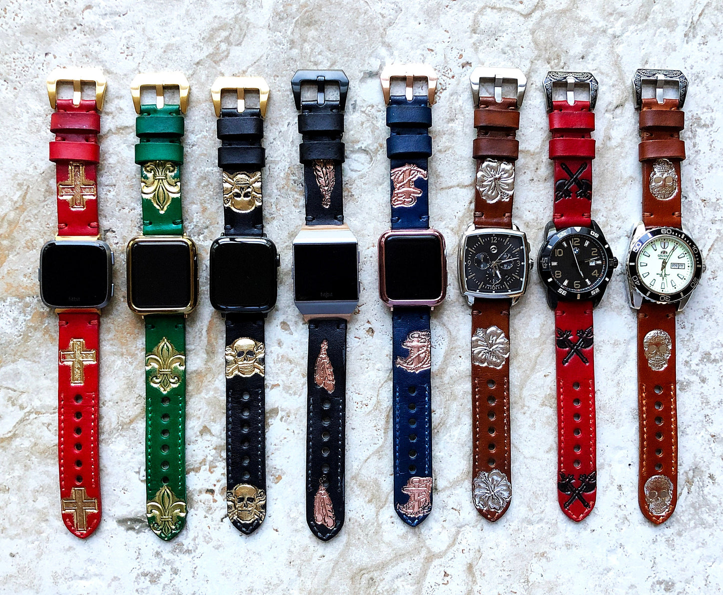 Ace of Spades Band 22mm 24mm 25mm Compatible with Apple Watch Fitbit Versa 2 3 4 Sense 2 Ionic Accented Embossed Tooled Real Leather Strap
