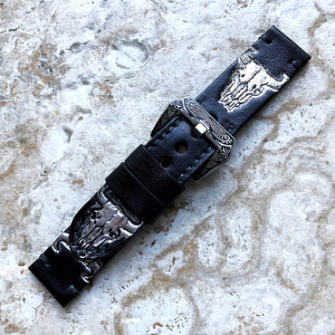 Buffalo Skull Watch Band 22mm 24mm 25mm Compatible with Apple Watch Fitbit Versa 2 3 4 Sense 2 Ionic Accented Embossed Real Leather Strap