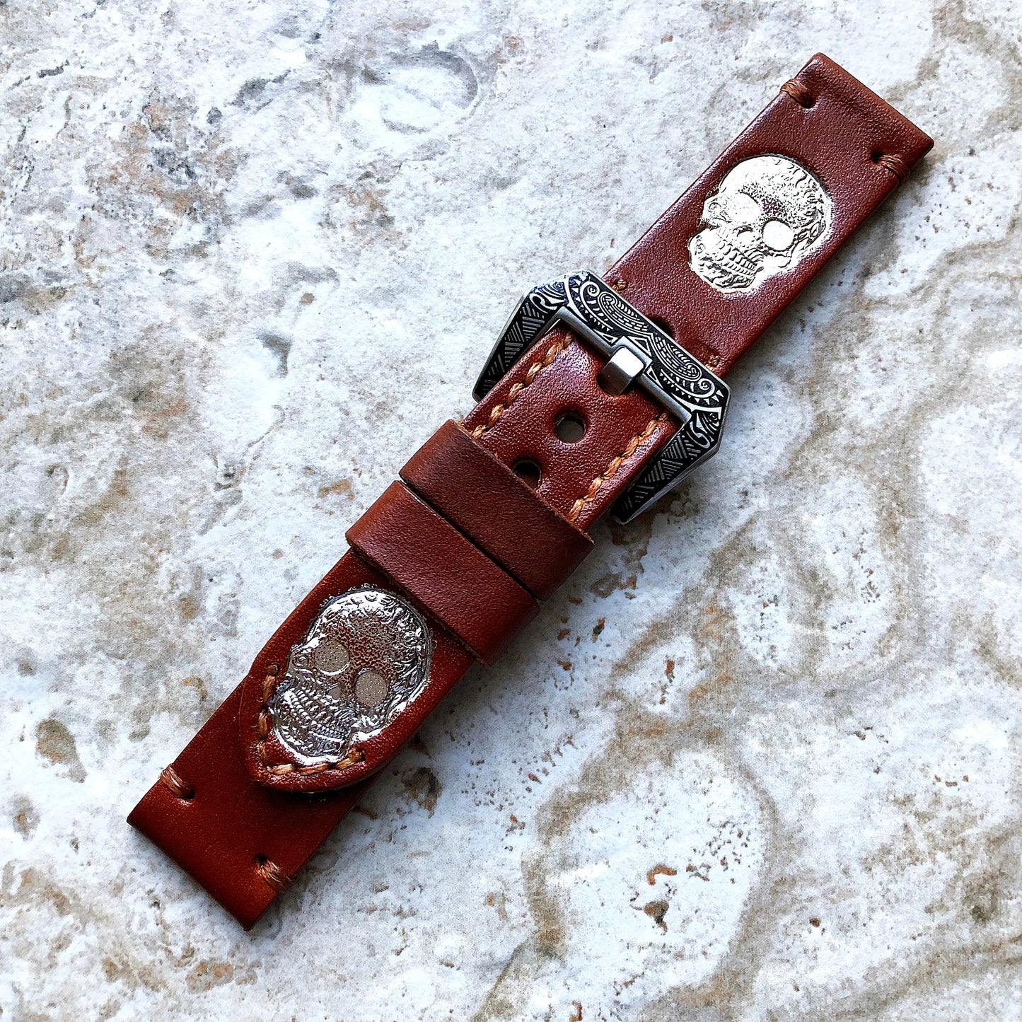 Fancy Skull S Band 22mm 24mm 25mm Compatible with Apple Watch Fitbit Versa 2 3 4 Sense 2 Ionic Accented Embossed Leather Handmade Strap