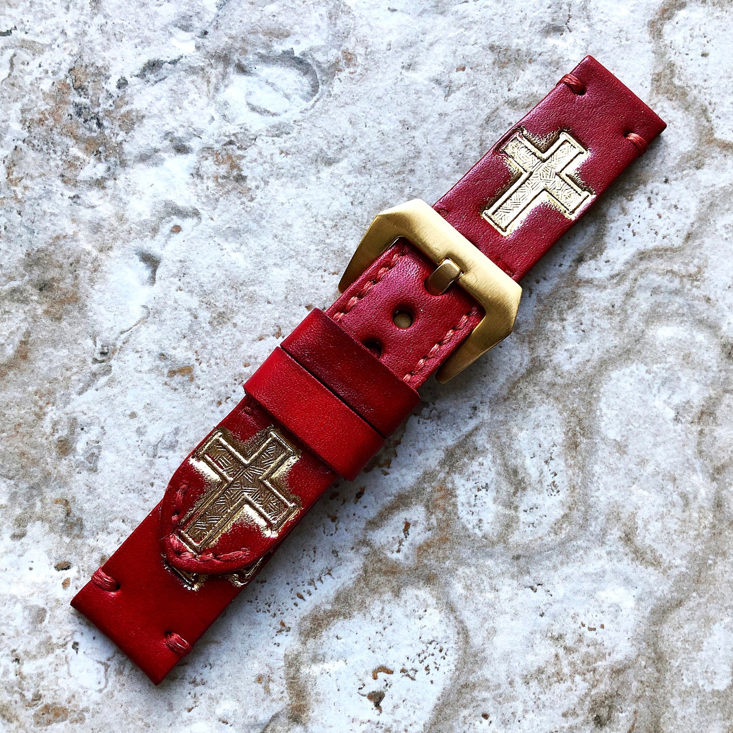 Latin Cross Band 22mm 24mm 25mm Compatible with Apple Watch Fitbit Versa 2 3 4 Sense 2 Ionic Accented Embossed Real Leather Handmade Strap