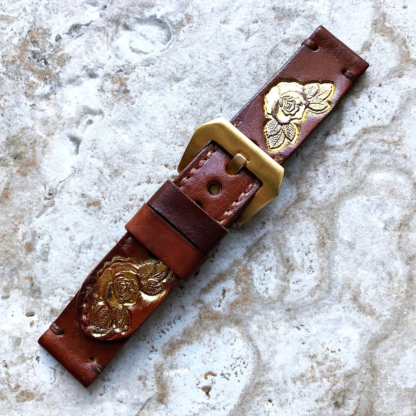Rose and Leafs Band 22mm 24mm 25mm Compatible with Apple Watch Fitbit Versa 2 3 4 Sense 2 Ionic Accented Embossed Leather Handmade Strap