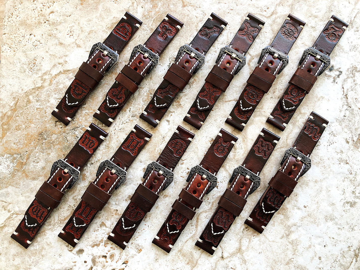 New Zodiac Sign Band 22mm 24mm 25mm Embossed Tooled Leather Handmade Strap Compatible with Apple Watch Fitbit Versa 2 3 4 Sense 2 Ionic
