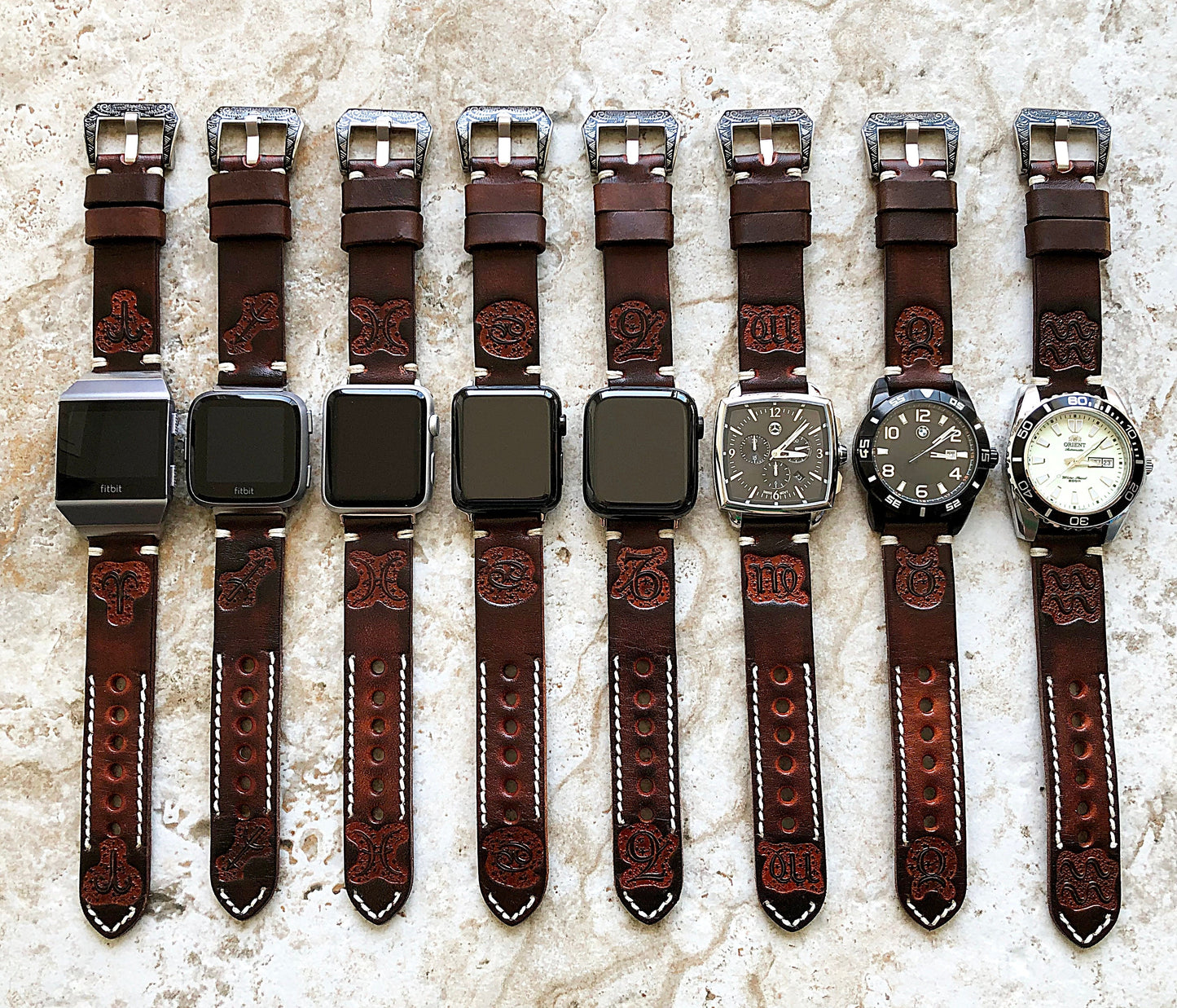 New Zodiac Sign Band 22mm 24mm 25mm Embossed Tooled Leather Handmade Strap Compatible with Apple Watch Fitbit Versa 2 3 4 Sense 2 Ionic