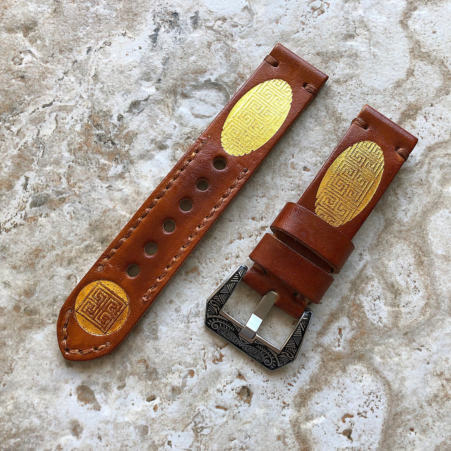 Greek Key Vintage Style Band 22mm 24mm 25mm Compatible with Apple Watch Fitbit Versa 2 3 4 Sense 2 Ionic Accented Embossed Leather Strap