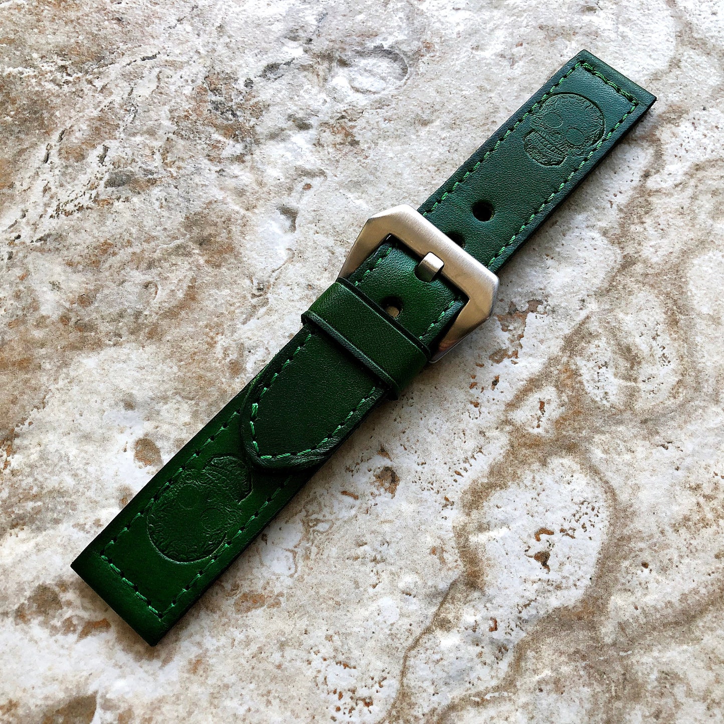 Limited New Green Skull Band 22mm 24mm 25mm Compatible with Apple Watch Fitbit Versa 2 3 4 Sense 2 Ionic Embossed Leather Handmade Strap