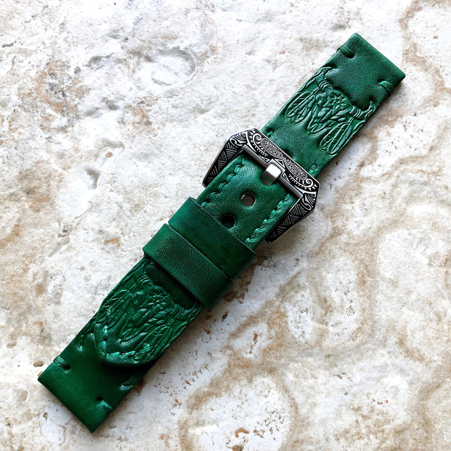Buffalo Skull Band 22mm 24mm 25mm Embossed Genuine Leather Compatible with Apple Watch Fitbit Versa 2 3 4 Sense 2 Ionic Handmade Strap