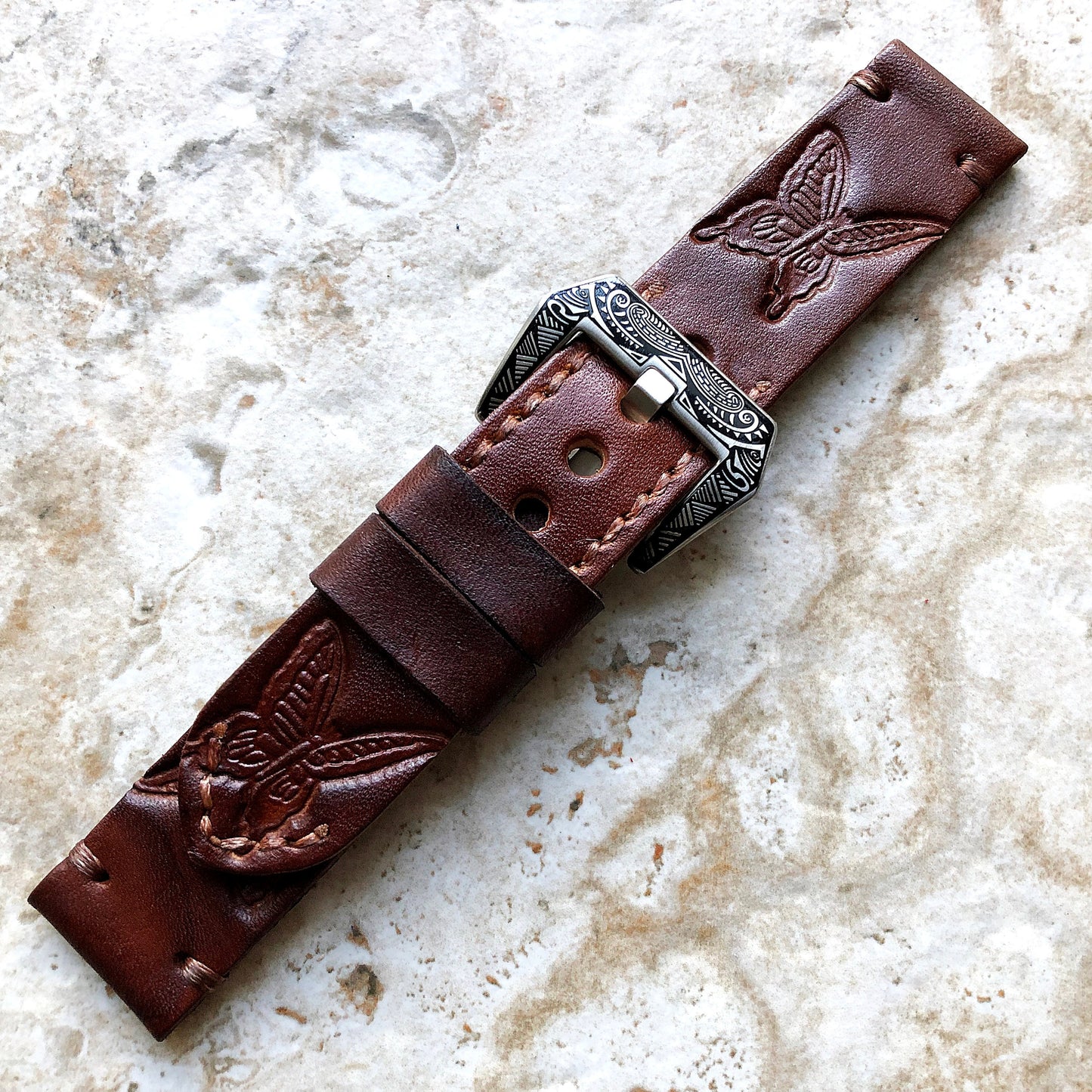 Monarch Butterfly Band 22mm 24mm 25mm Tooled Embossed Genuine Leather Compatible with Apple Watch Fitbit Versa 2 3 4 Sense 2 Ionic Strap