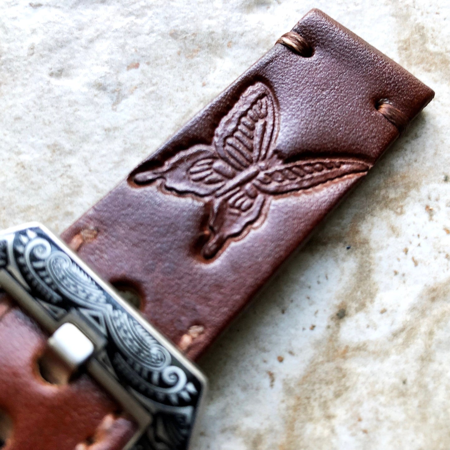 Monarch Butterfly Band 22mm 24mm 25mm Tooled Embossed Genuine Leather Compatible with Apple Watch Fitbit Versa 2 3 4 Sense 2 Ionic Strap