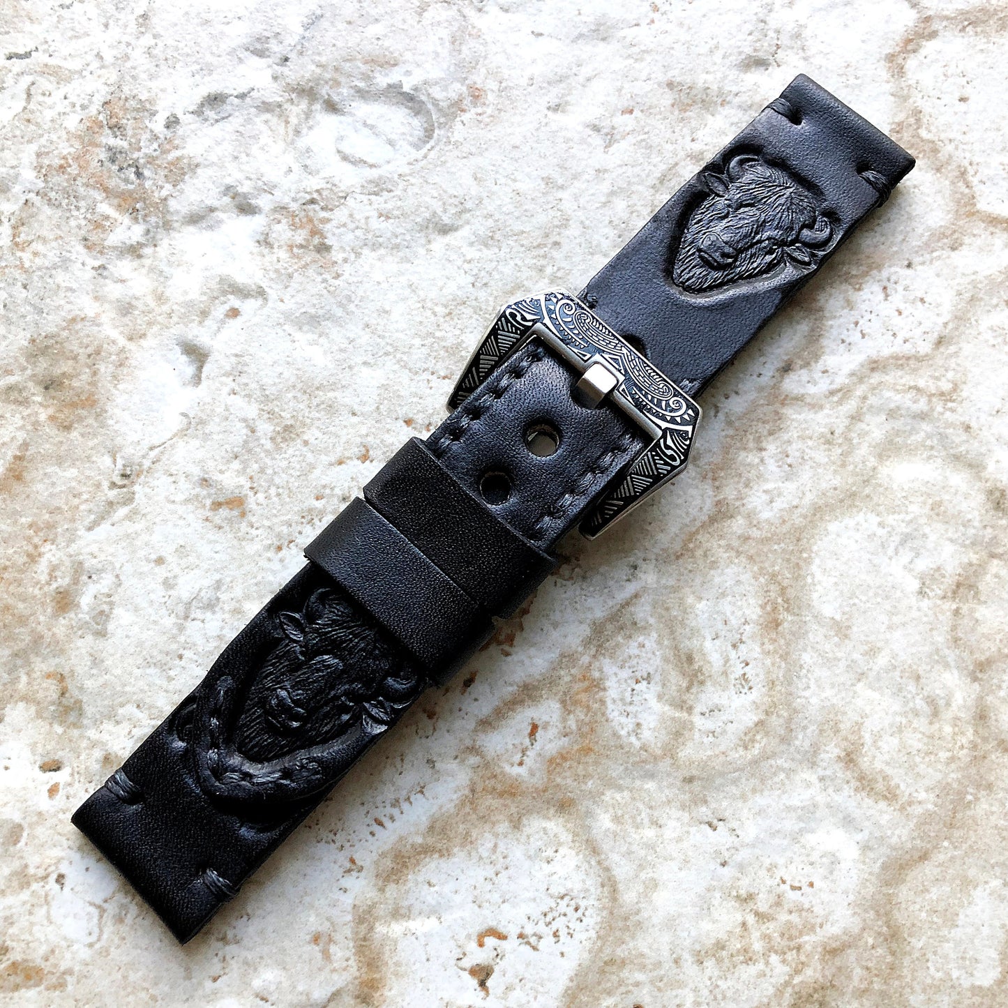 N American Bison Band 22mm 24mm 25mm Tooled Embossed Genuine Leather Compatible with Apple Watch Fitbit Versa 2 3 4 Sense 2 Ionic Strap