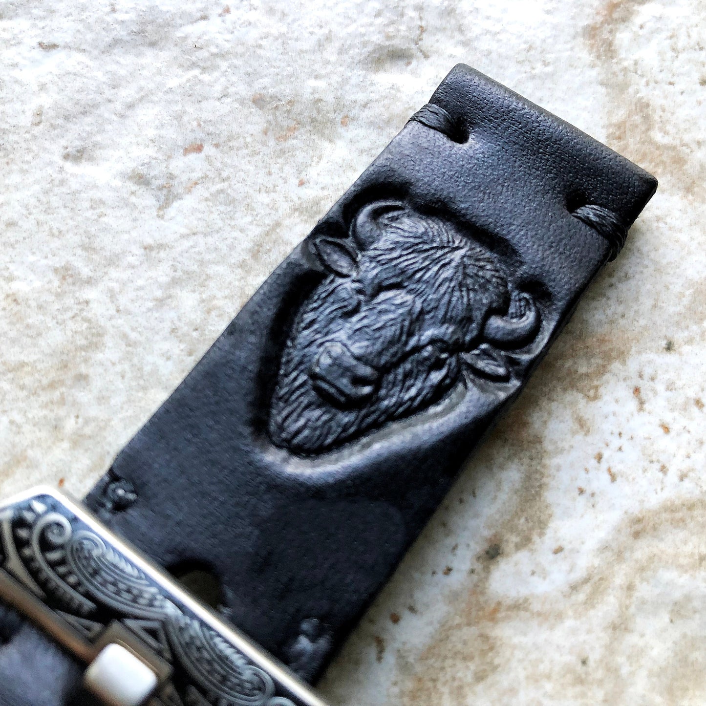 N American Bison Band 22mm 24mm 25mm Tooled Embossed Genuine Leather Compatible with Apple Watch Fitbit Versa 2 3 4 Sense 2 Ionic Strap