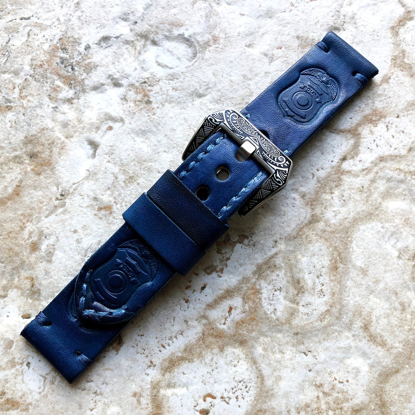 Police Badge Band 22mm 24mm 25mm Embossed Genuine Leather Compatible with Apple Watch Fitbit Versa 2 3 4 Sense 2 Ionic Handmade Strap